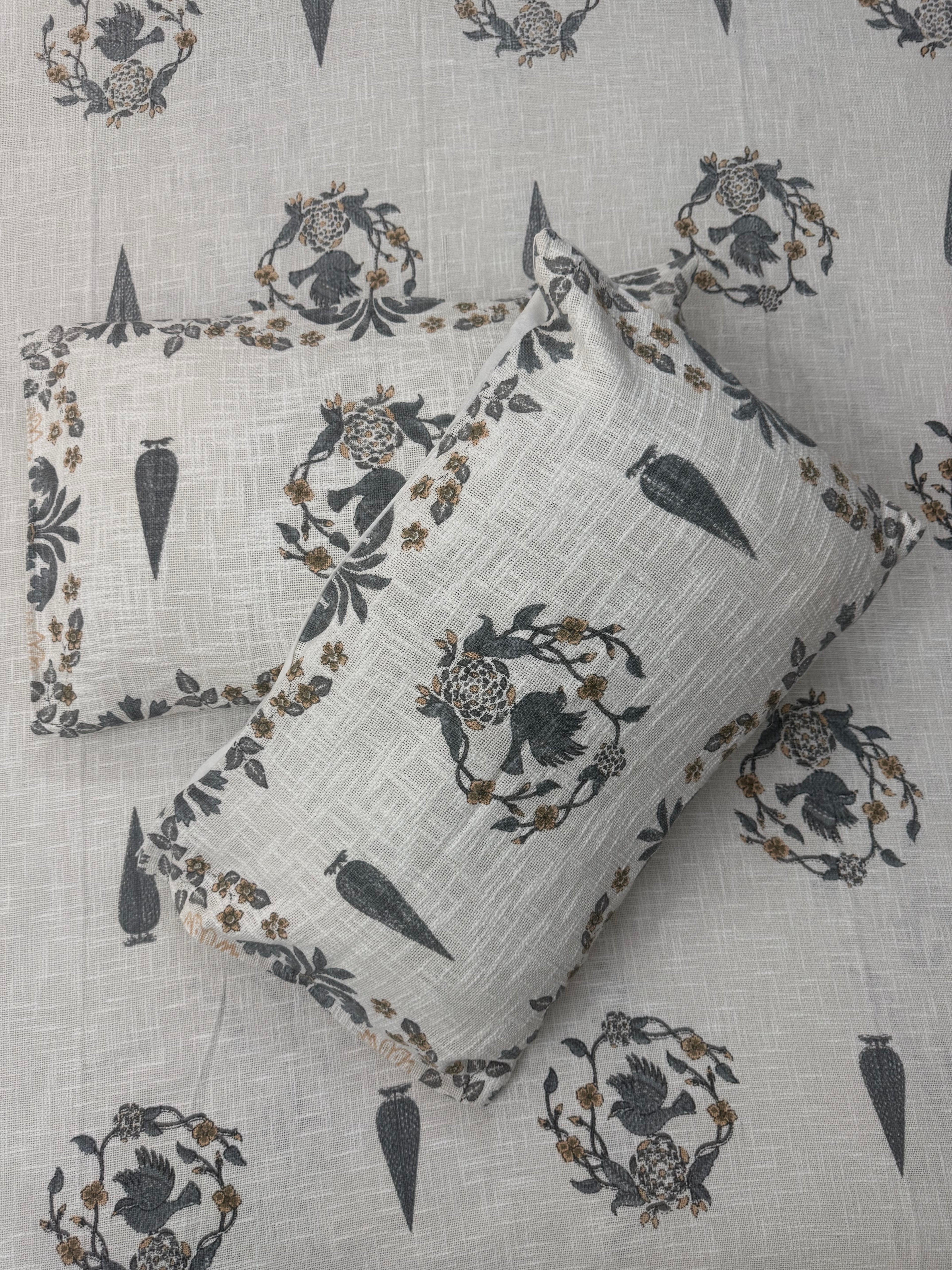Jute cotton knitted hand block print premium bed cover Bird Print Grey & Yellow