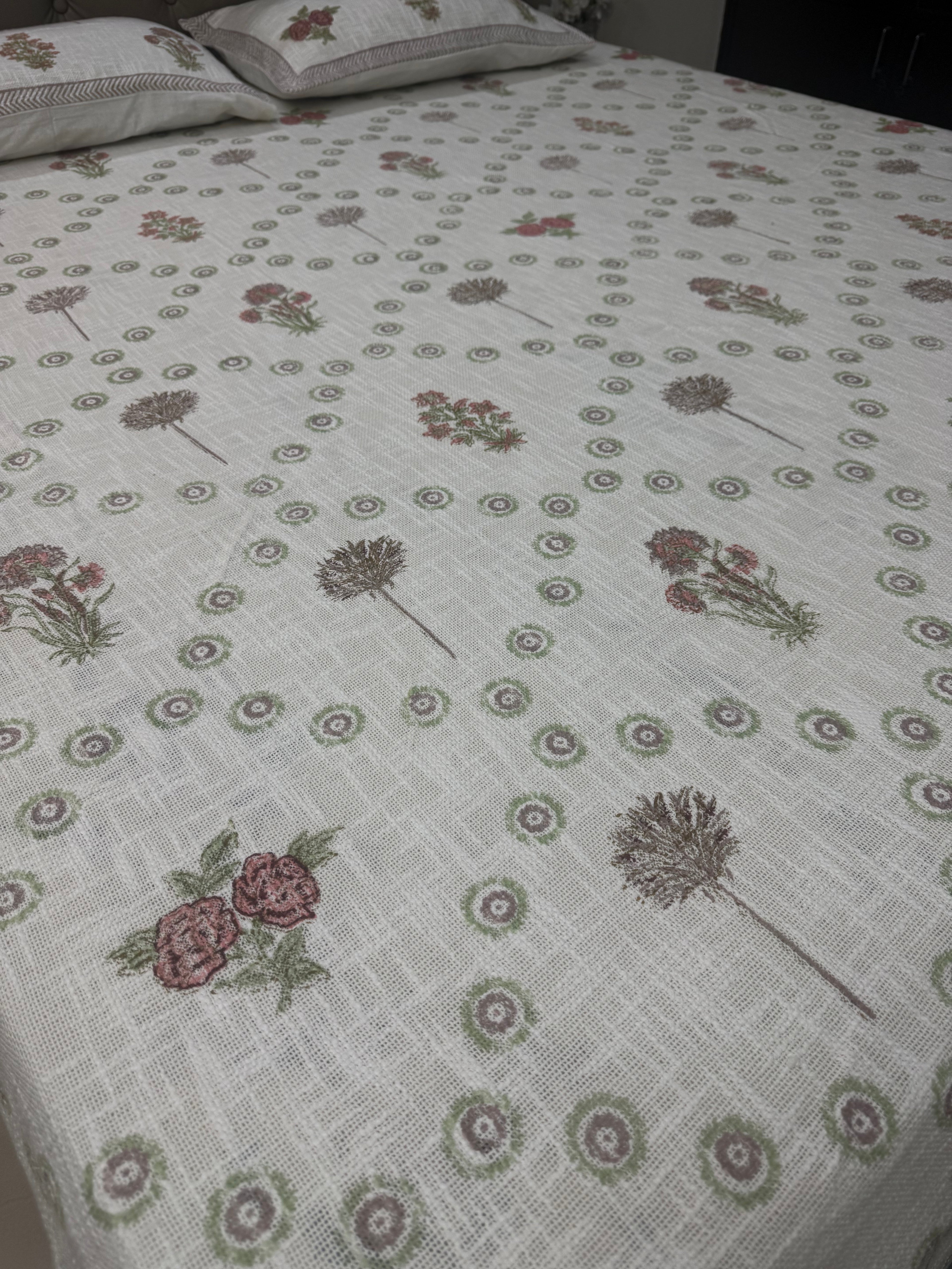 Jute cotton knitted hand block print premium bed cover Gulab Bagh