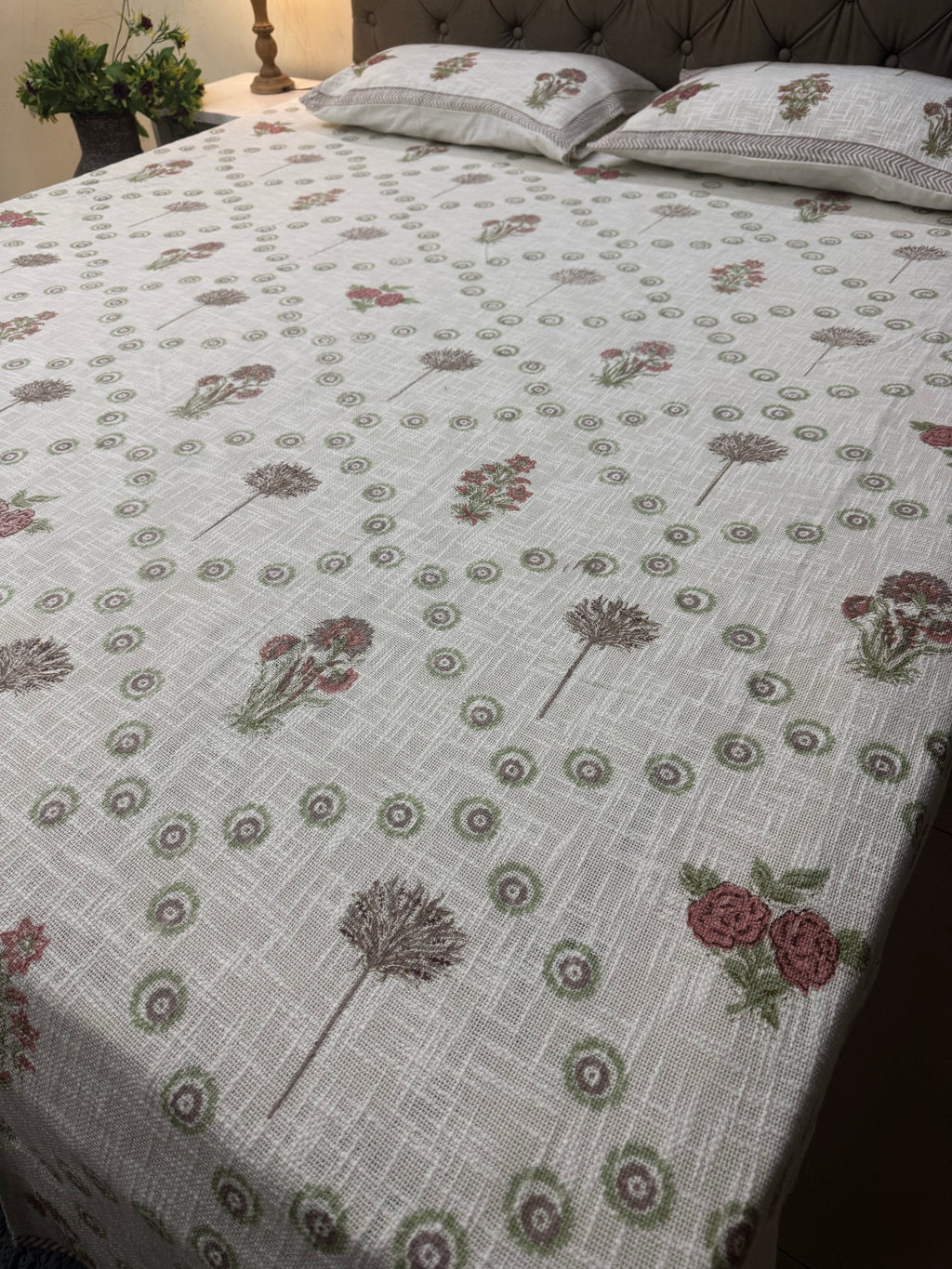 Jute cotton knitted hand block print premium bed cover Gulab Bagh