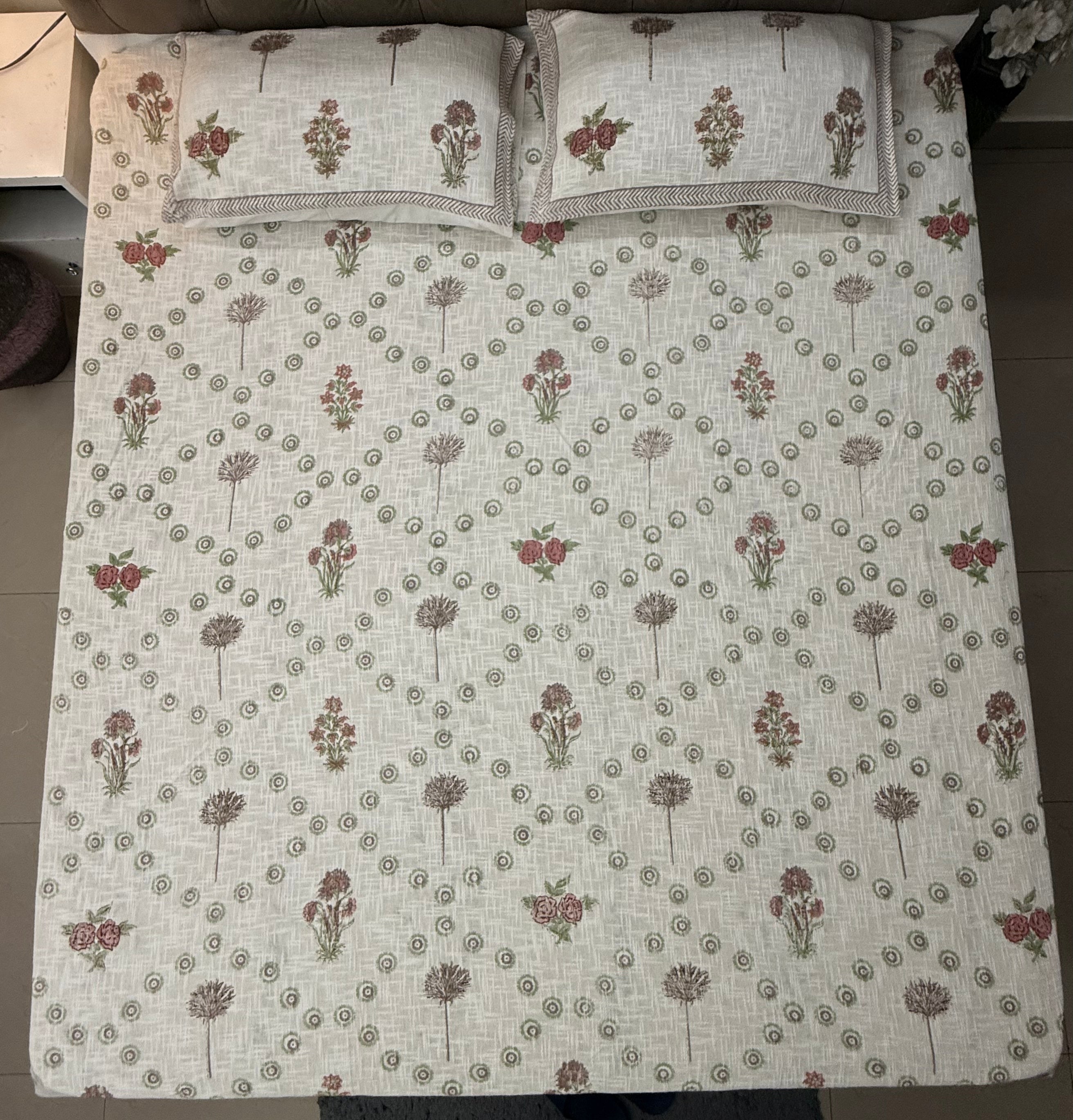 Jute cotton knitted hand block print premium bed cover Gulab Bagh
