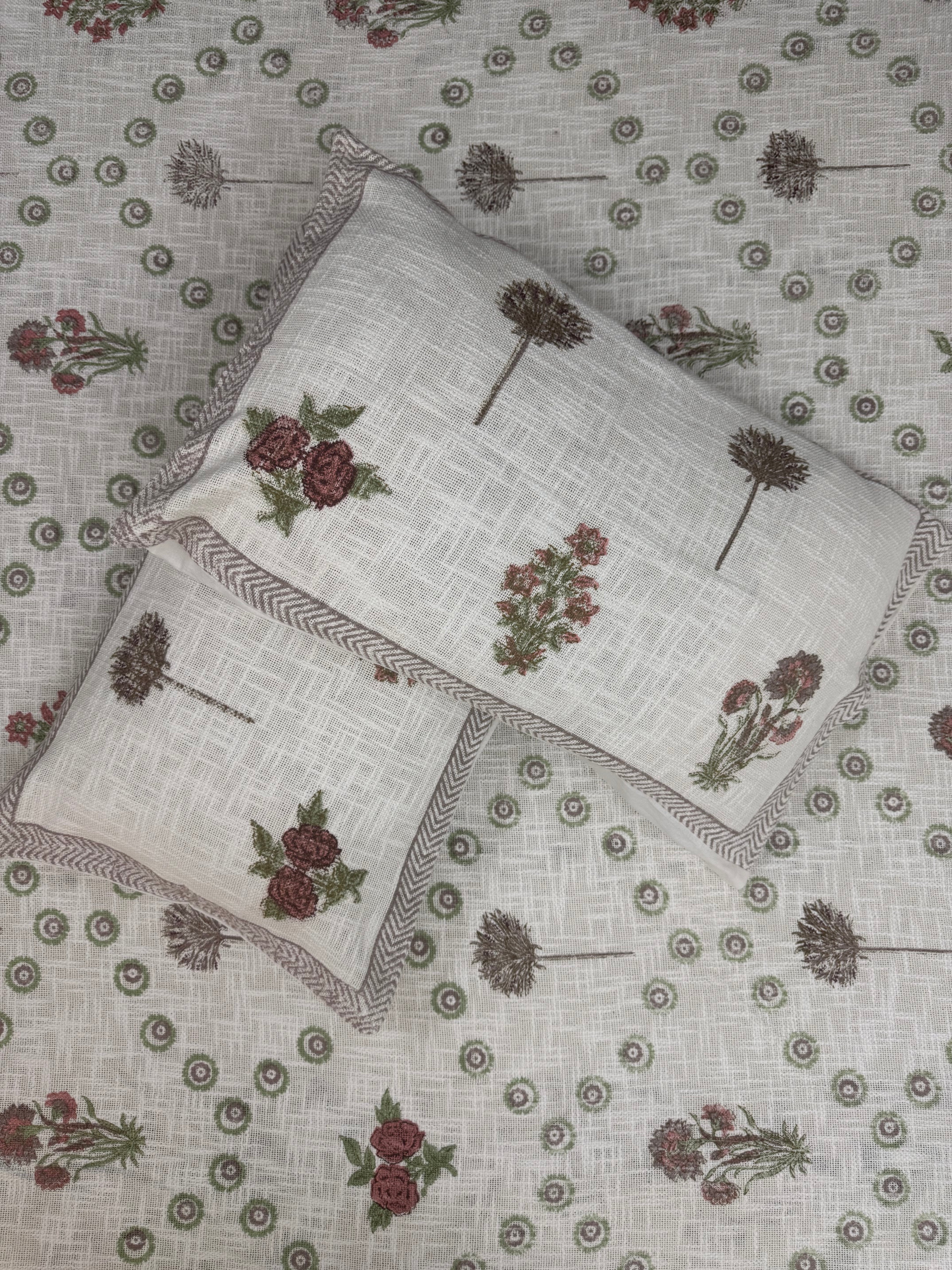Jute cotton knitted hand block print premium bed cover Gulab Bagh