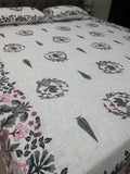 Jute cotton knitted hand block print premium bed cover Bird Print Grey & Pink