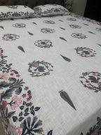 Jute cotton knitted hand block print premium bed cover Bird Print Grey & Pink