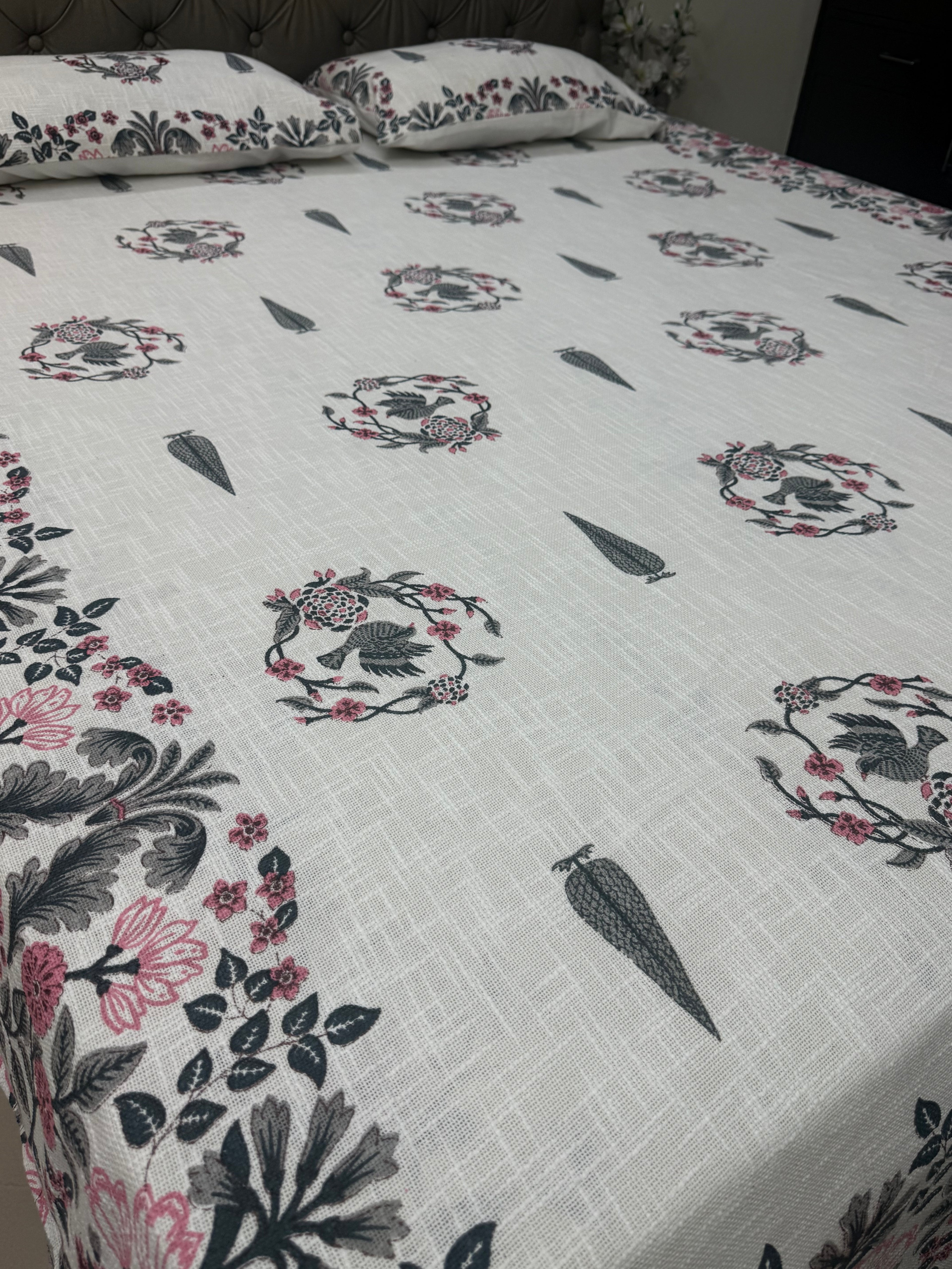 Jute cotton knitted hand block print premium bed cover Bird Print Grey & Pink