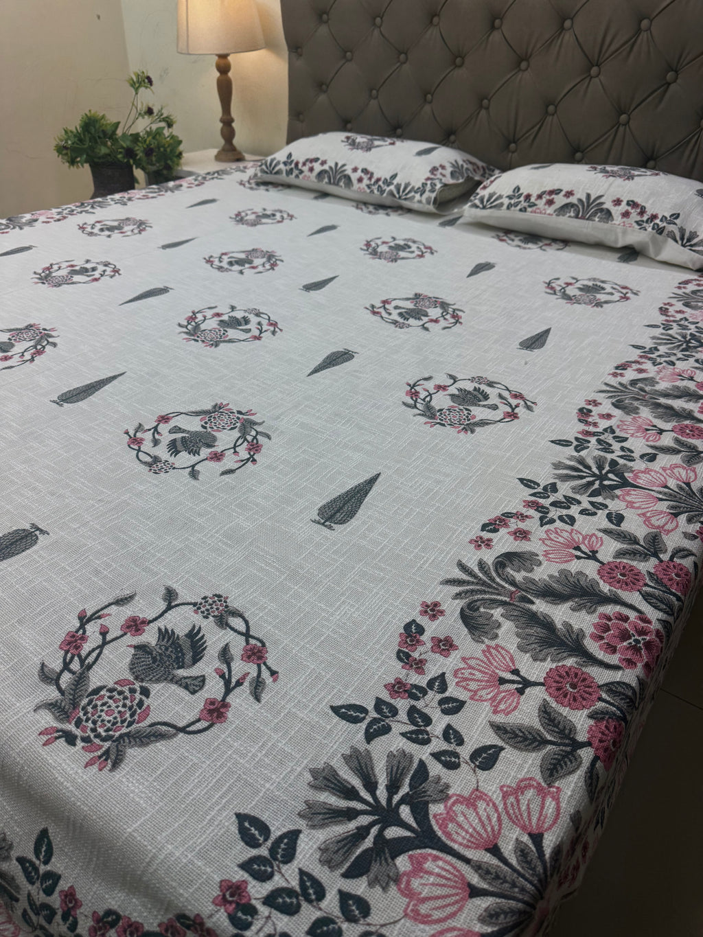 Jute cotton knitted hand block print premium bed cover Bird Print Grey & Pink