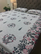 Jute cotton knitted hand block print premium bed cover Bird Print Grey & Pink
