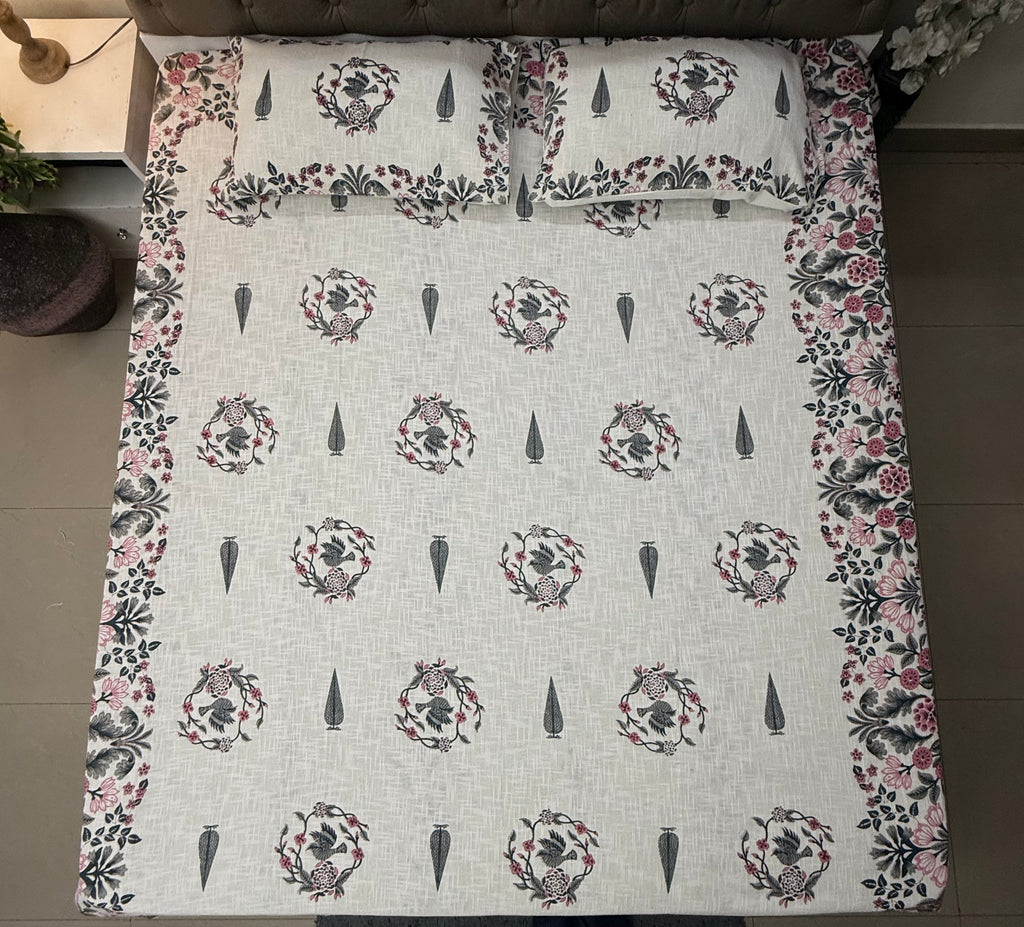 Jute cotton knitted hand block print premium bed cover Bird Print Grey & Pink