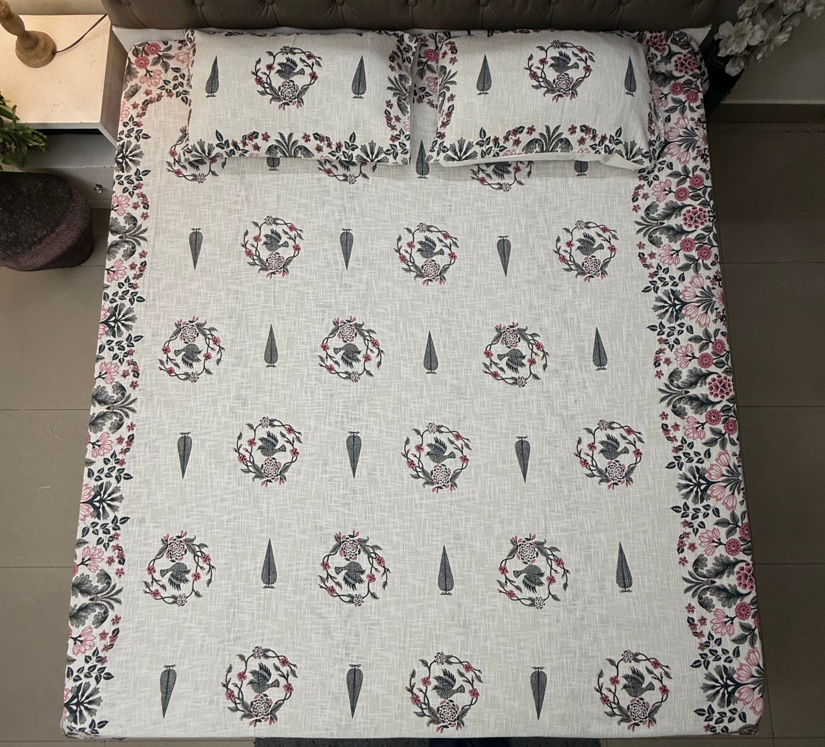 Jute cotton knitted hand block print premium bed cover Bird Print Grey & Pink