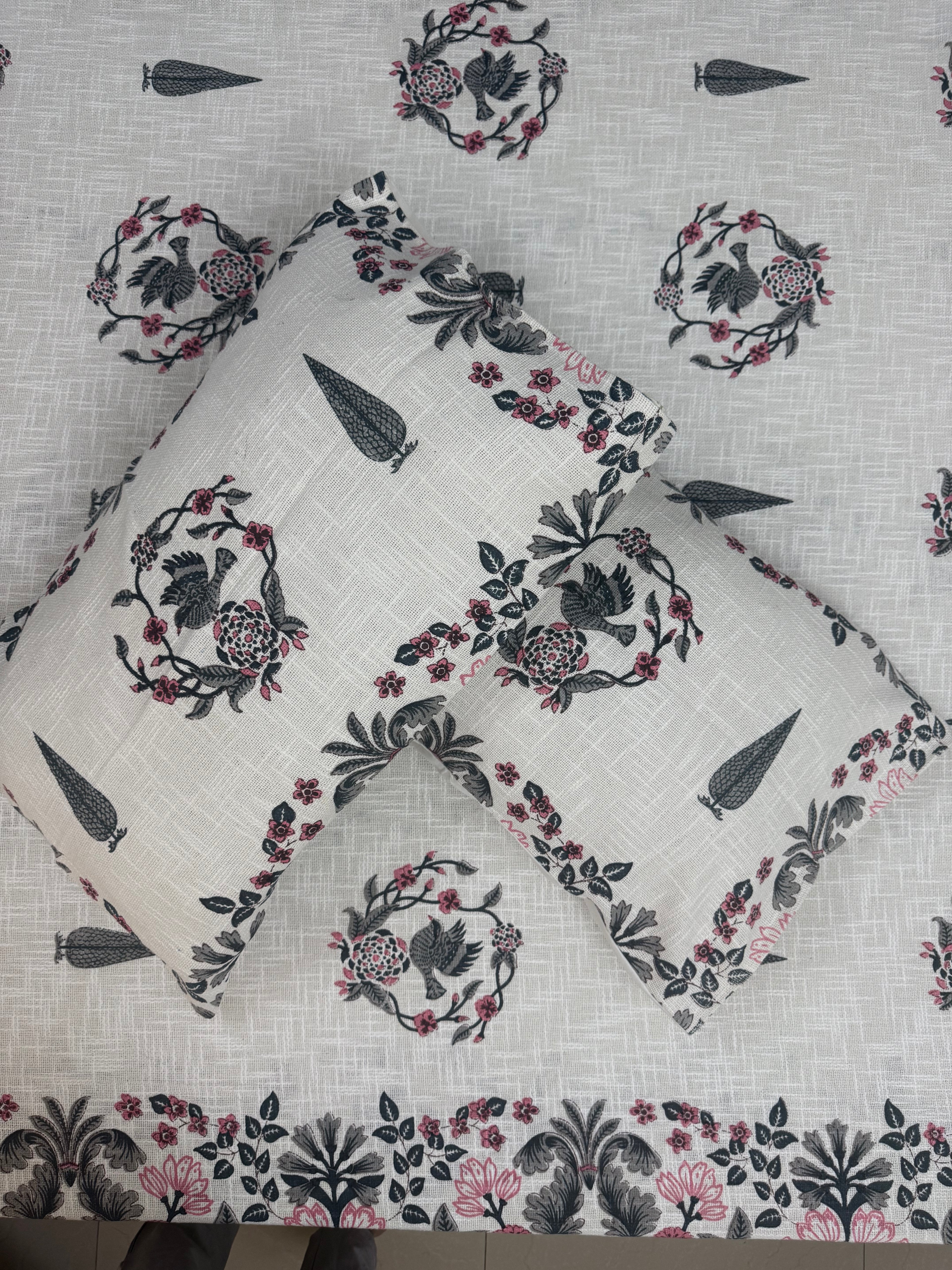 Jute cotton knitted hand block print premium bed cover Bird Print Grey & Pink