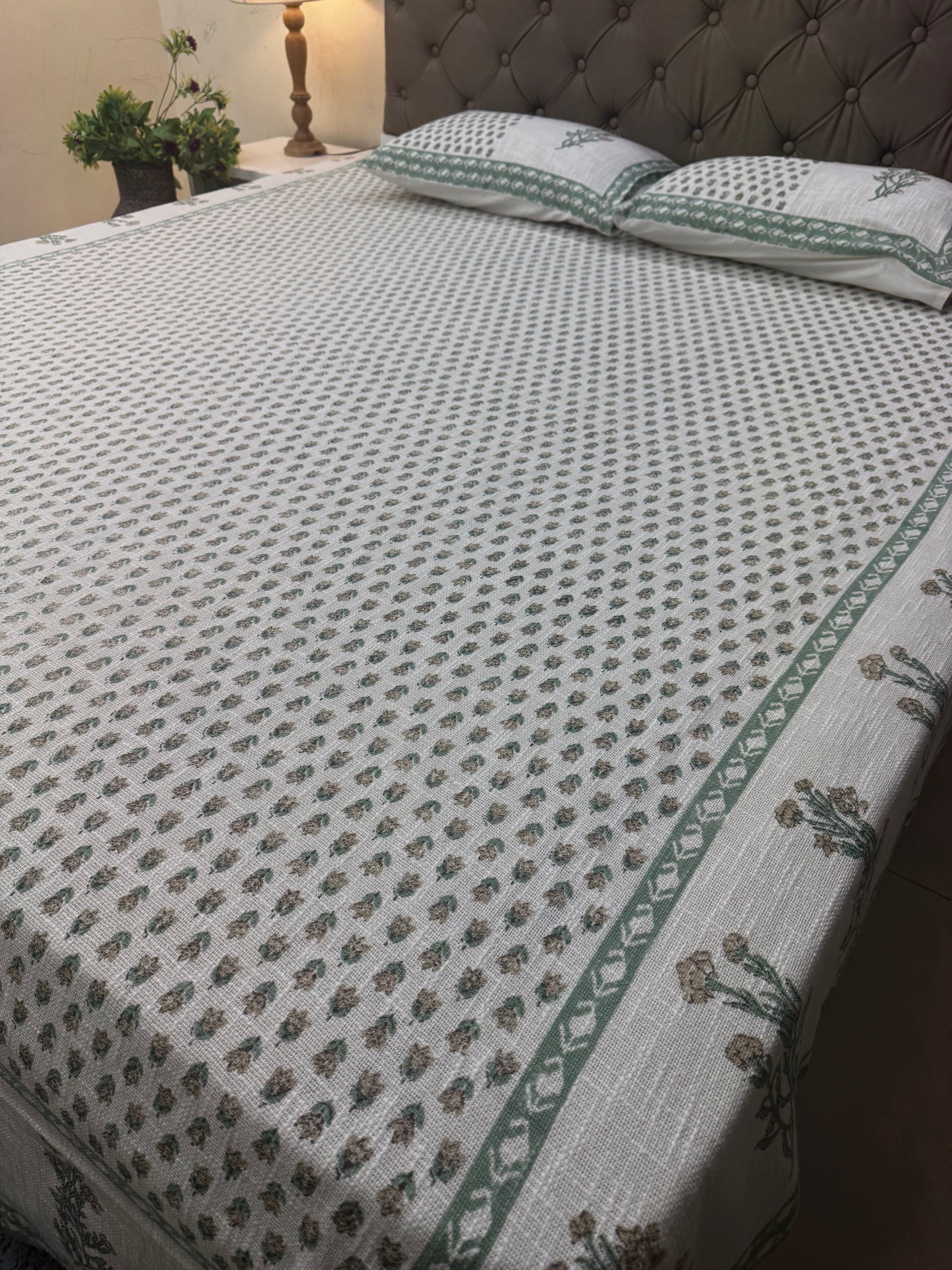Jute cotton knitted hand block print premium bed cover Butti Print