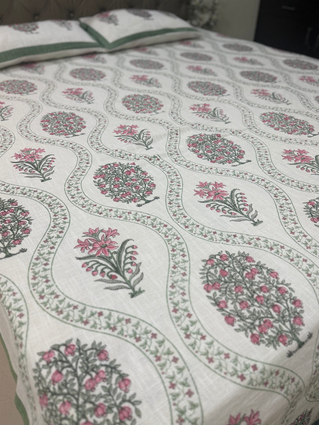 Jute cotton knitted hand block print premium bed cover Gulabi Bagh