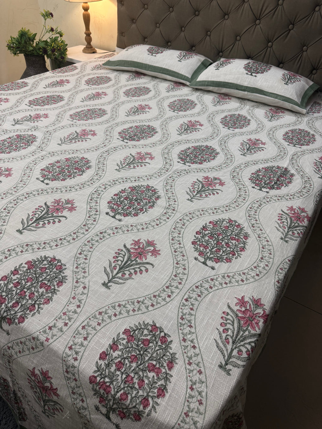 Jute cotton knitted hand block print premium bed cover Gulabi Bagh