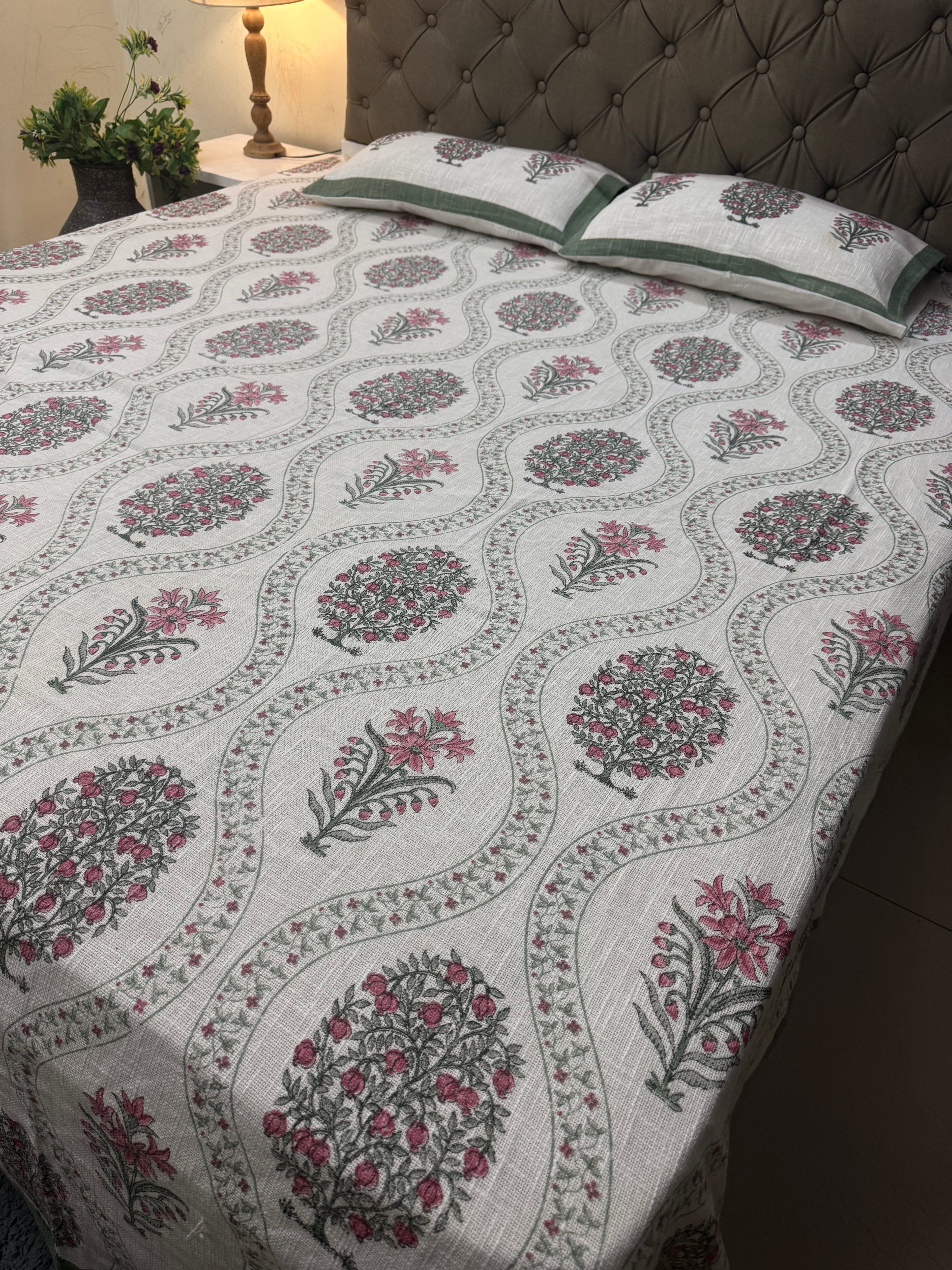Jute cotton knitted hand block print premium bed cover Gulabi Bagh