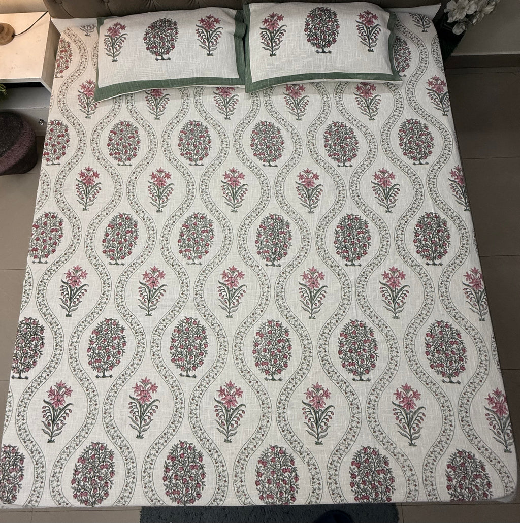 Jute cotton knitted hand block print premium bed cover Gulabi Bagh