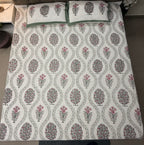 Jute cotton knitted hand block print premium bed cover Gulabi Bagh