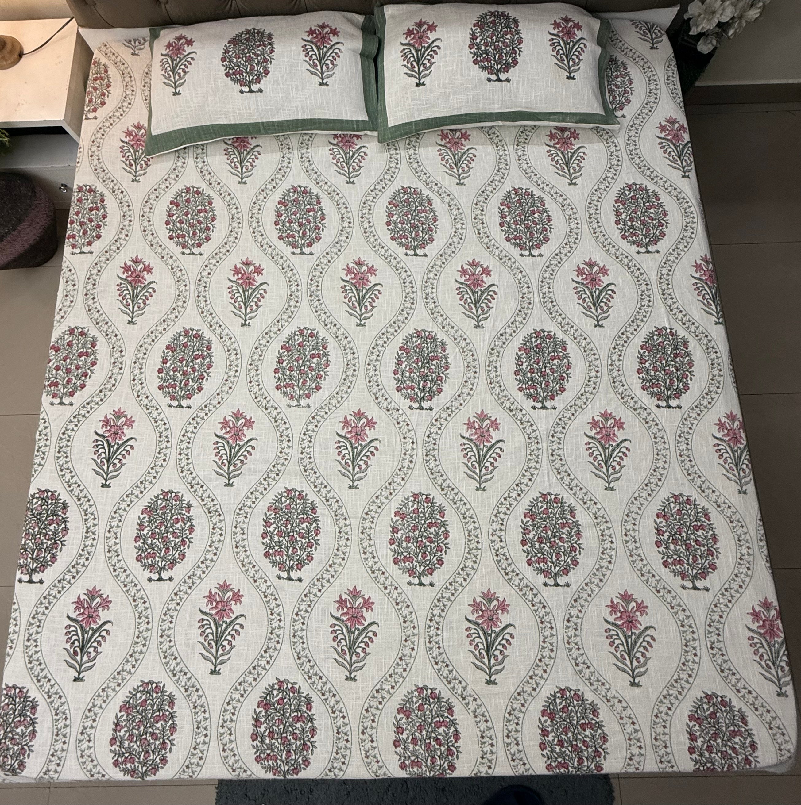 Jute cotton knitted hand block print premium bed cover Gulabi Bagh