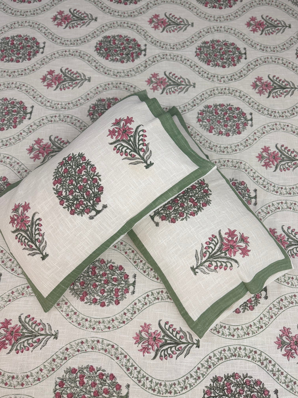 Jute cotton knitted hand block print premium bed cover Gulabi Bagh