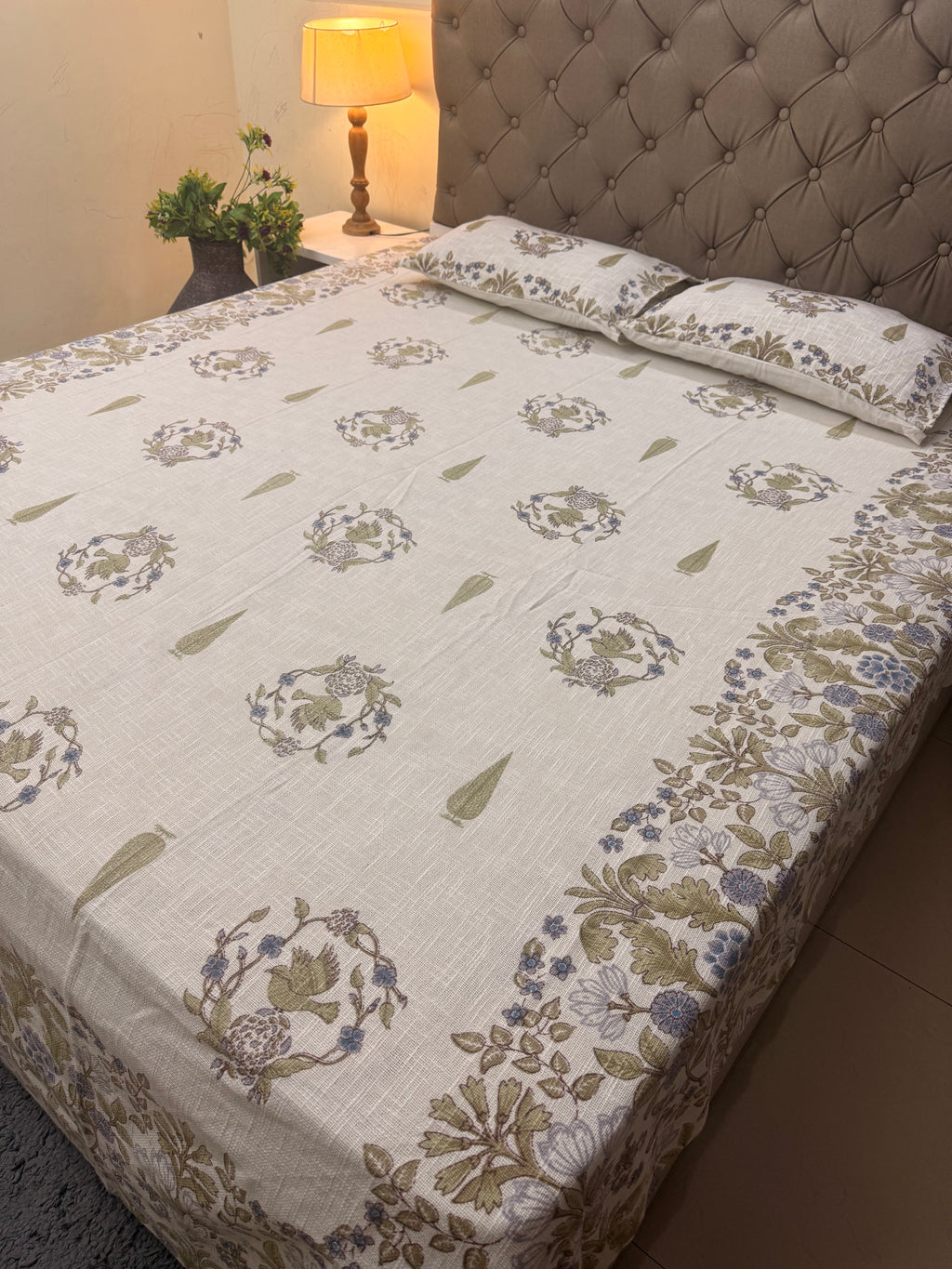 Jute cotton knitted hand block print premium bed cover Bird Print Grey & Pink