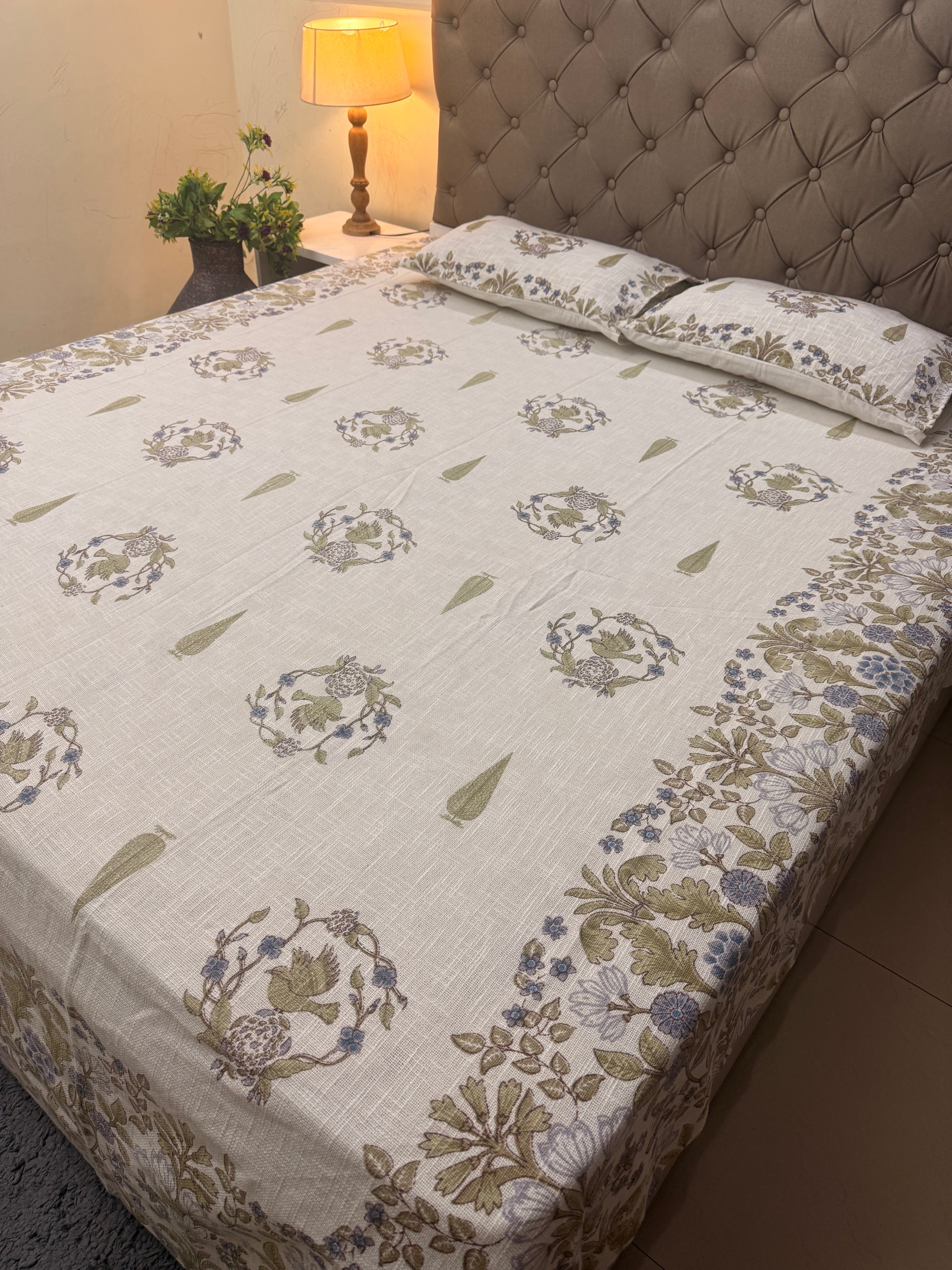 Jute cotton knitted hand block print premium bed cover Bird Print Grey & Pink