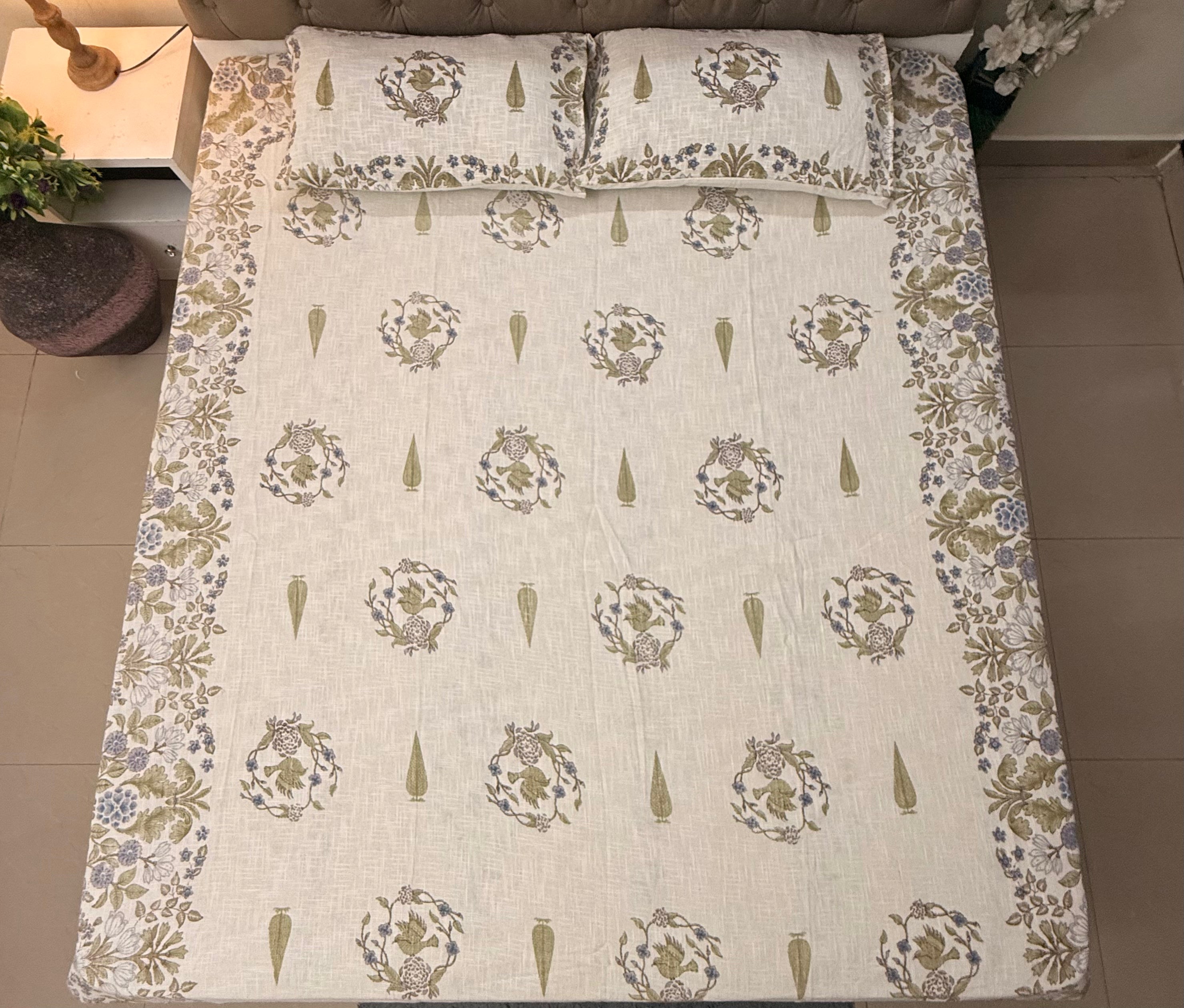 Jute cotton knitted hand block print premium bed cover Bird Print Grey & Pink