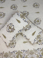 Jute cotton knitted hand block print premium bed cover Bird Print Grey & Pink