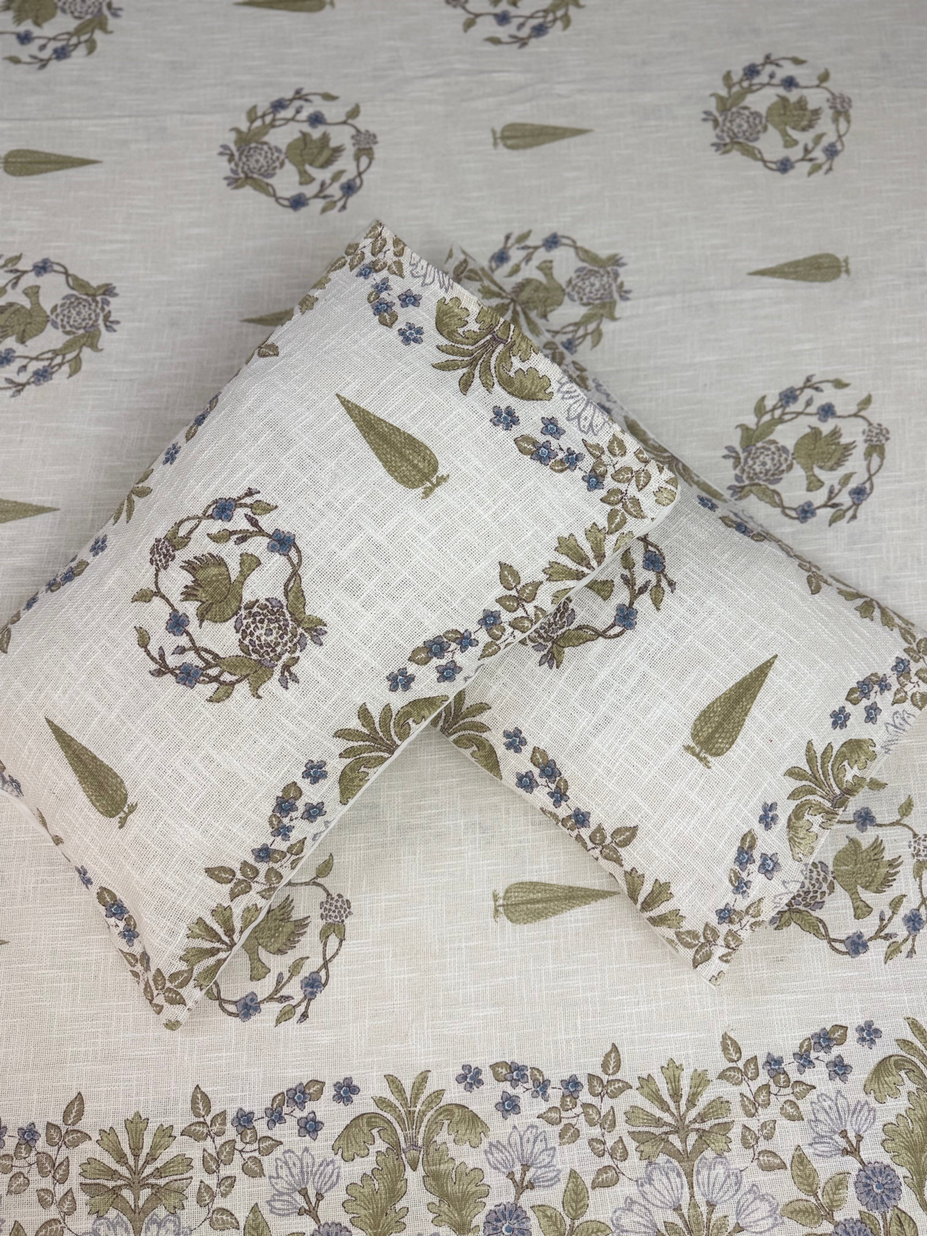 Jute cotton knitted hand block print premium bed cover Bird Print Grey & Pink