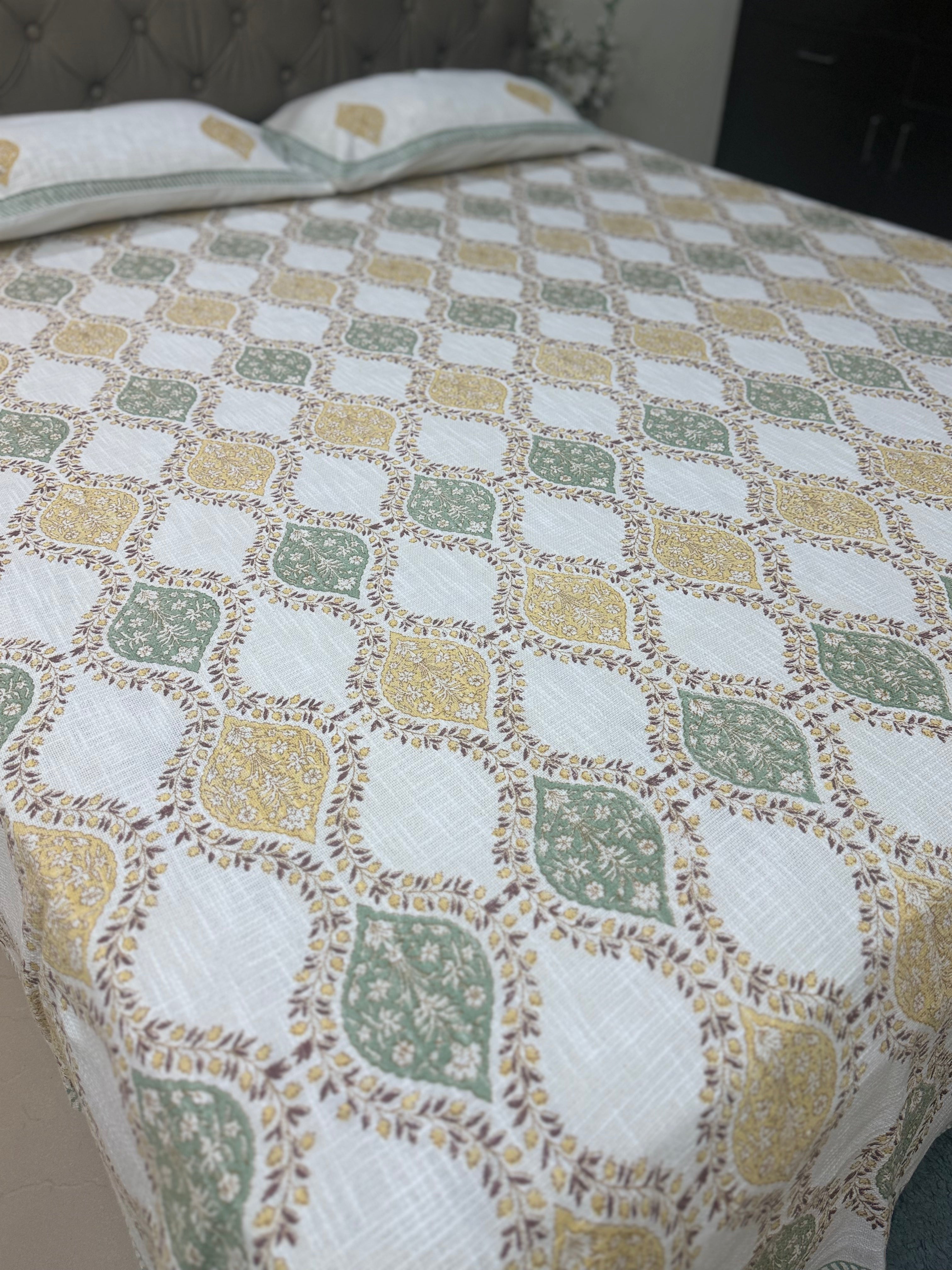 Jute cotton knitted hand block print premium bed cover Brown & Grey (Jaal print)