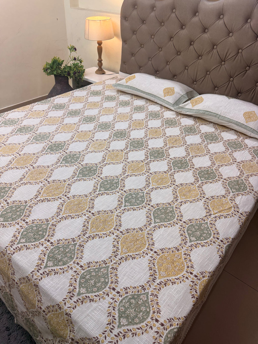 Jute cotton knitted hand block print premium bed cover Brown & Grey (Jaal print)