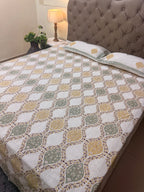 Jute cotton knitted hand block print premium bed cover Brown & Grey (Jaal print)