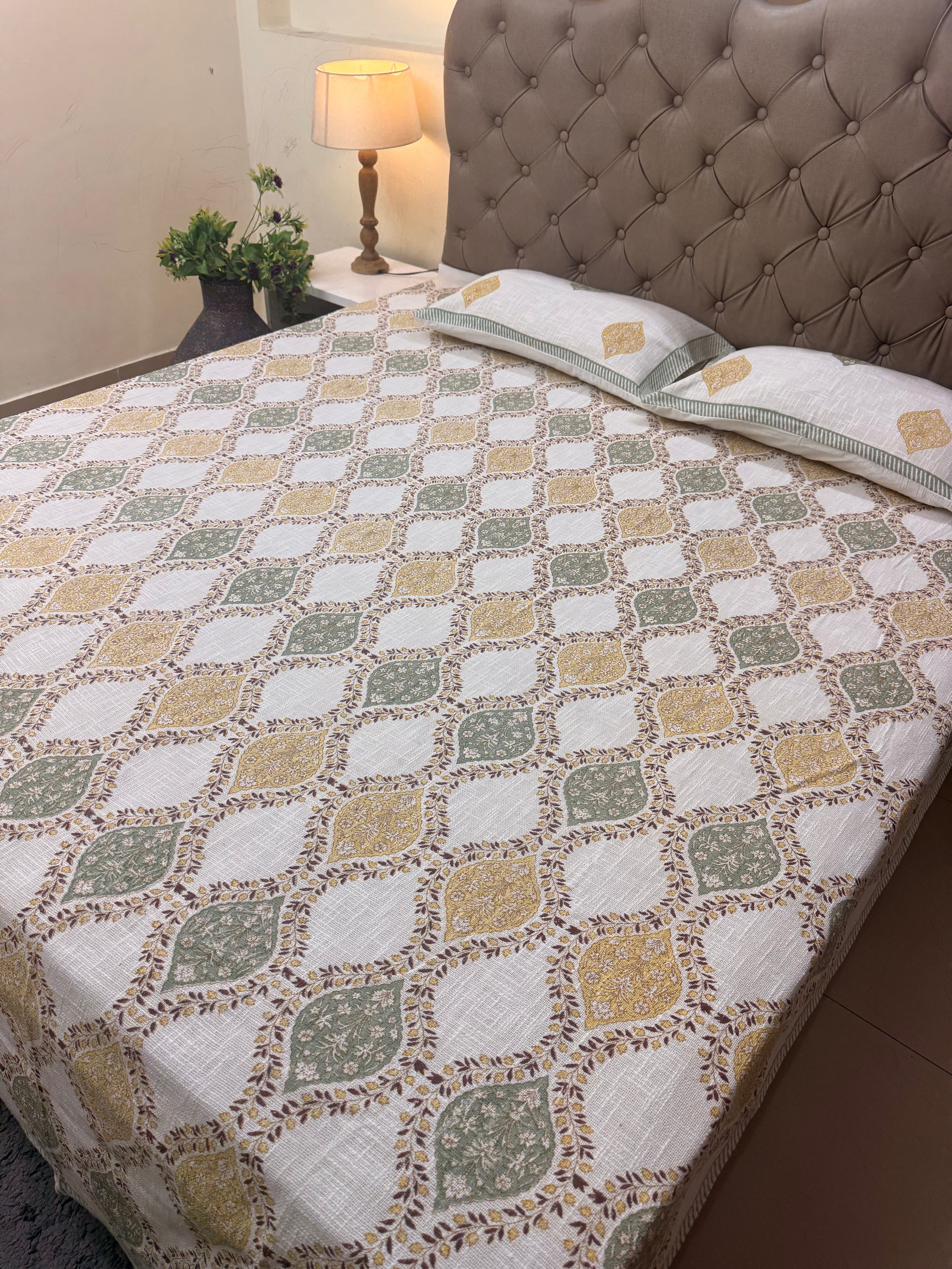 Jute cotton knitted hand block print premium bed cover Brown & Grey (Jaal print)