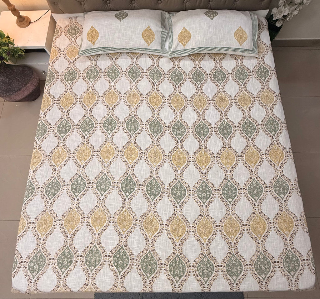 Jute cotton knitted hand block print premium bed cover Brown & Grey (Jaal print)