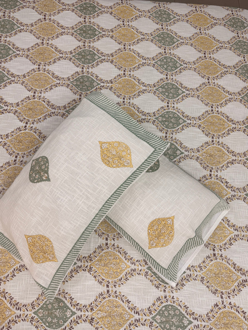 Jute cotton knitted hand block print premium bed cover Brown & Grey (Jaal print)