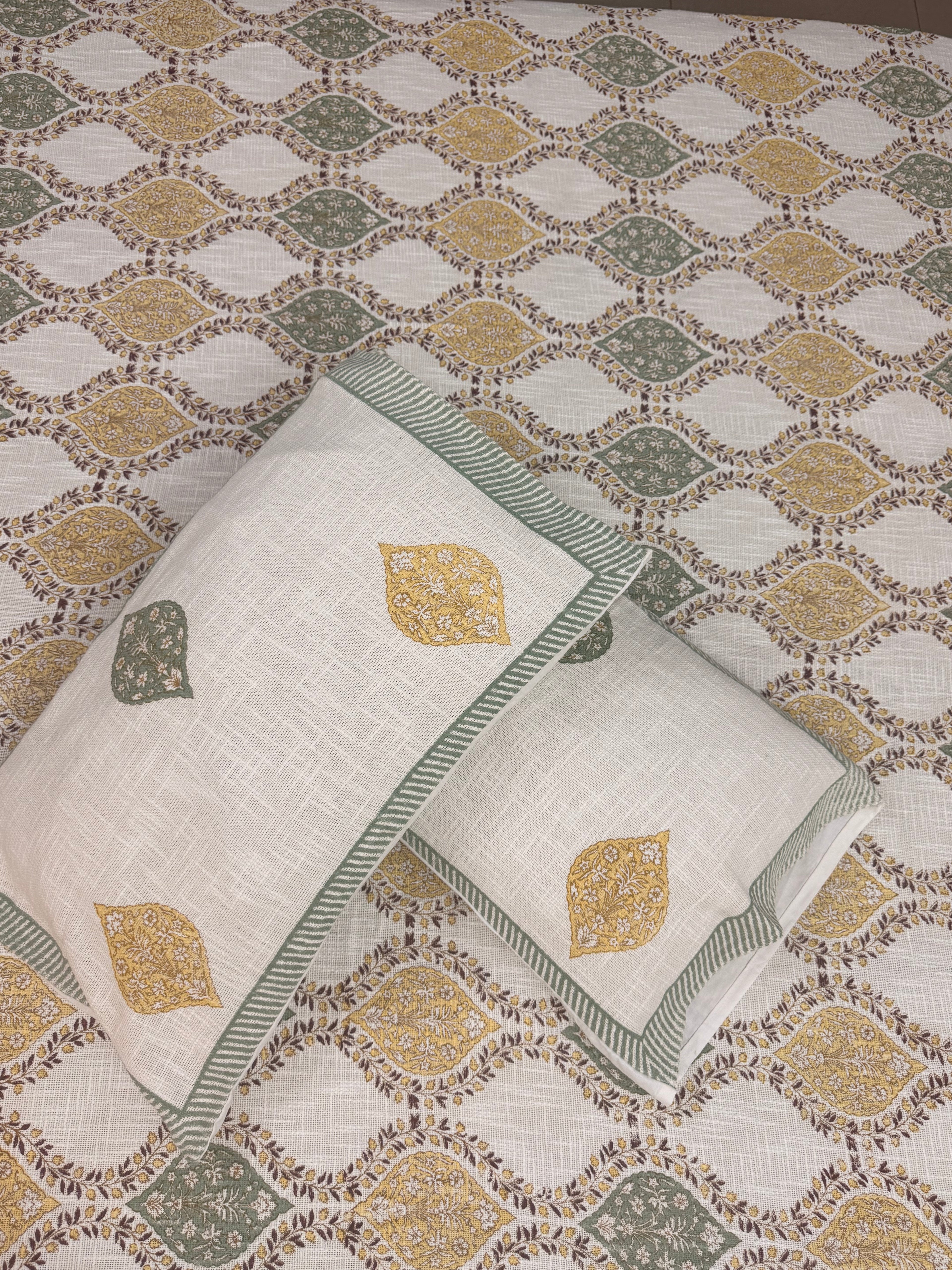 Jute cotton knitted hand block print premium bed cover Brown & Grey (Jaal print)