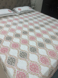 Jute cotton knitted hand block print premium bed cover Pink & Brown (Jaal print)
