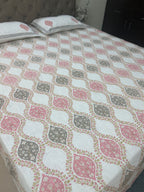 Jute cotton knitted hand block print premium bed cover Pink & Brown (Jaal print)