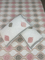 Jute cotton knitted hand block print premium bed cover Pink & Brown (Jaal print)