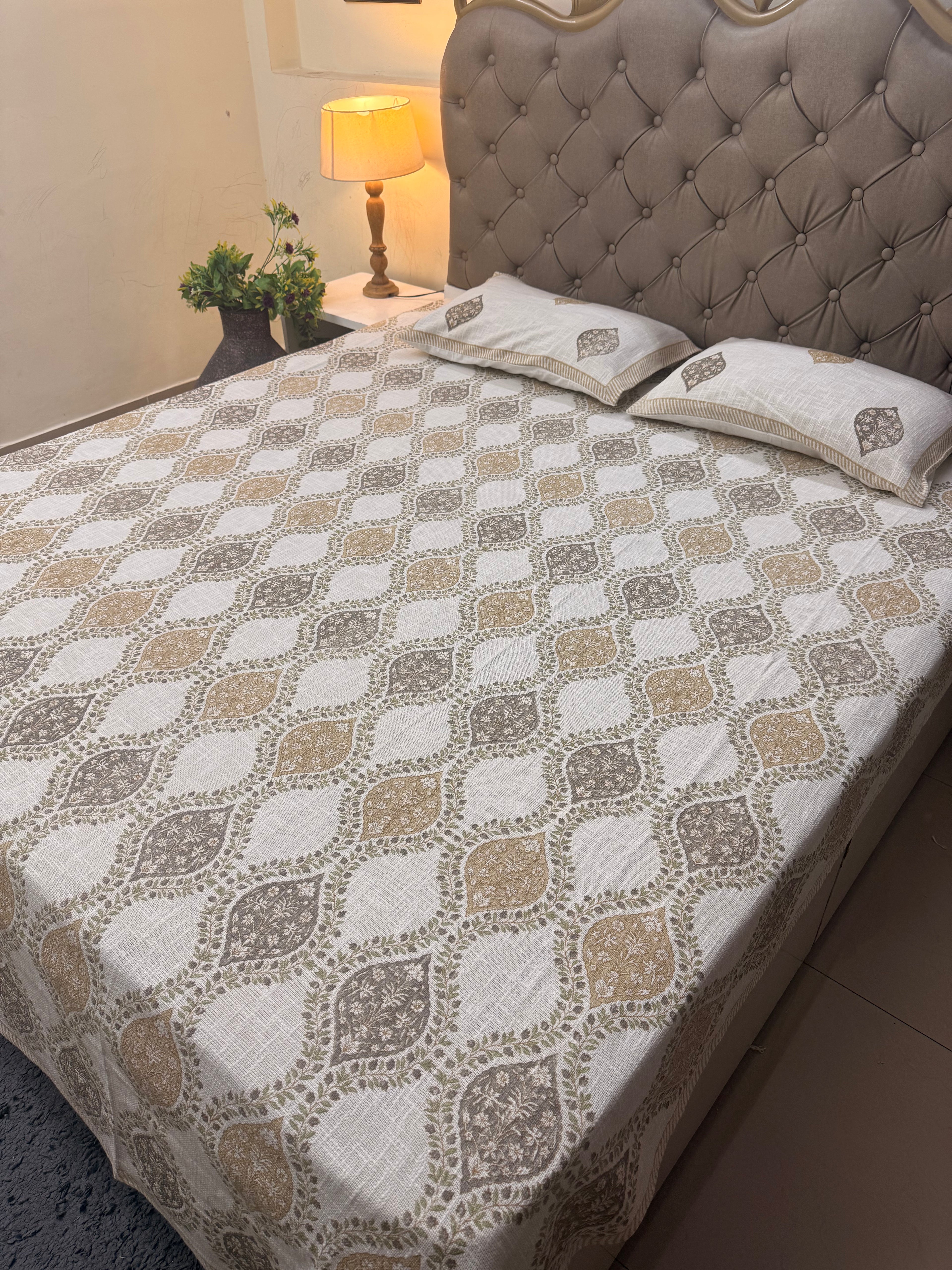 Jute cotton knitted hand block print premium bed cover Brown & Grey (Jaal print)