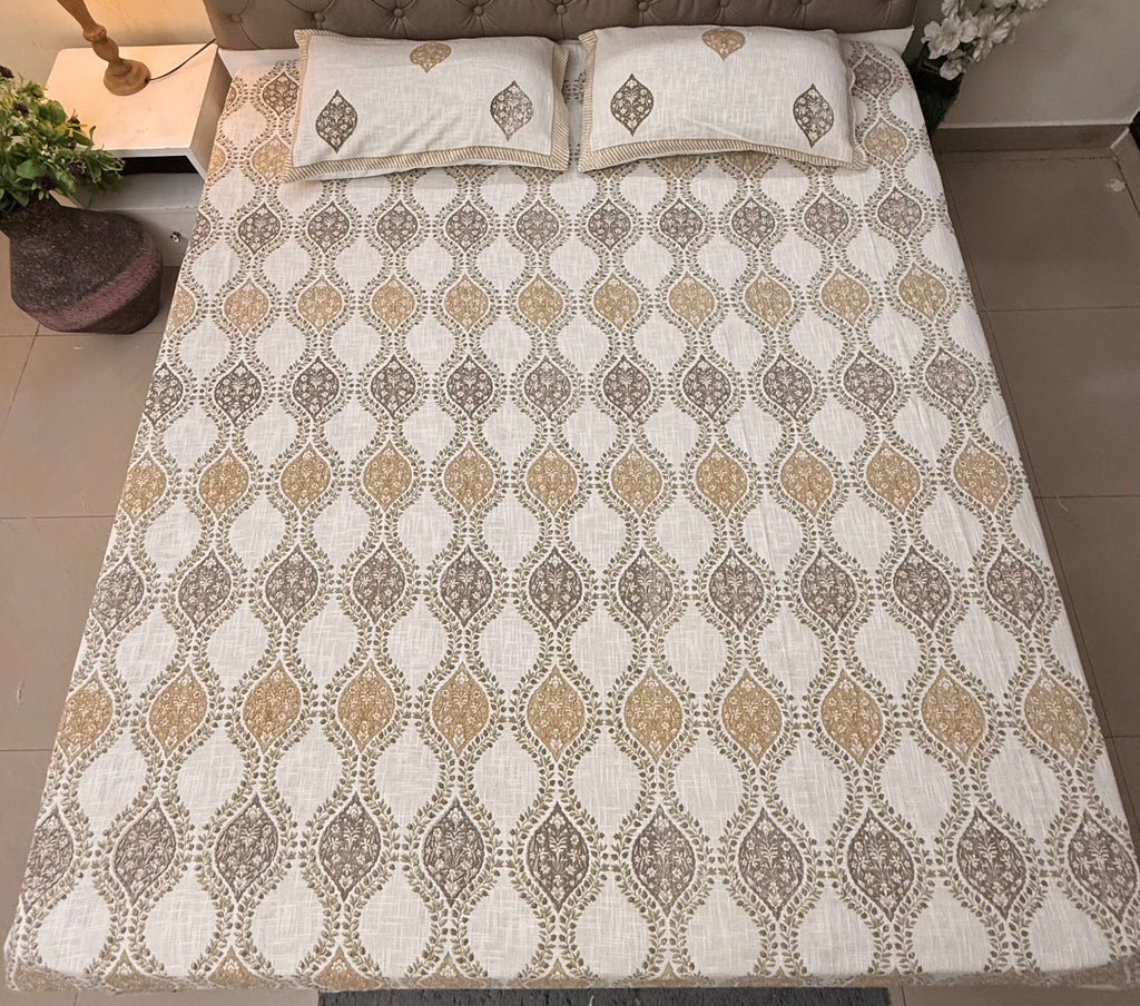 Jute cotton knitted hand block print premium bed cover Brown & Grey (Jaal print)