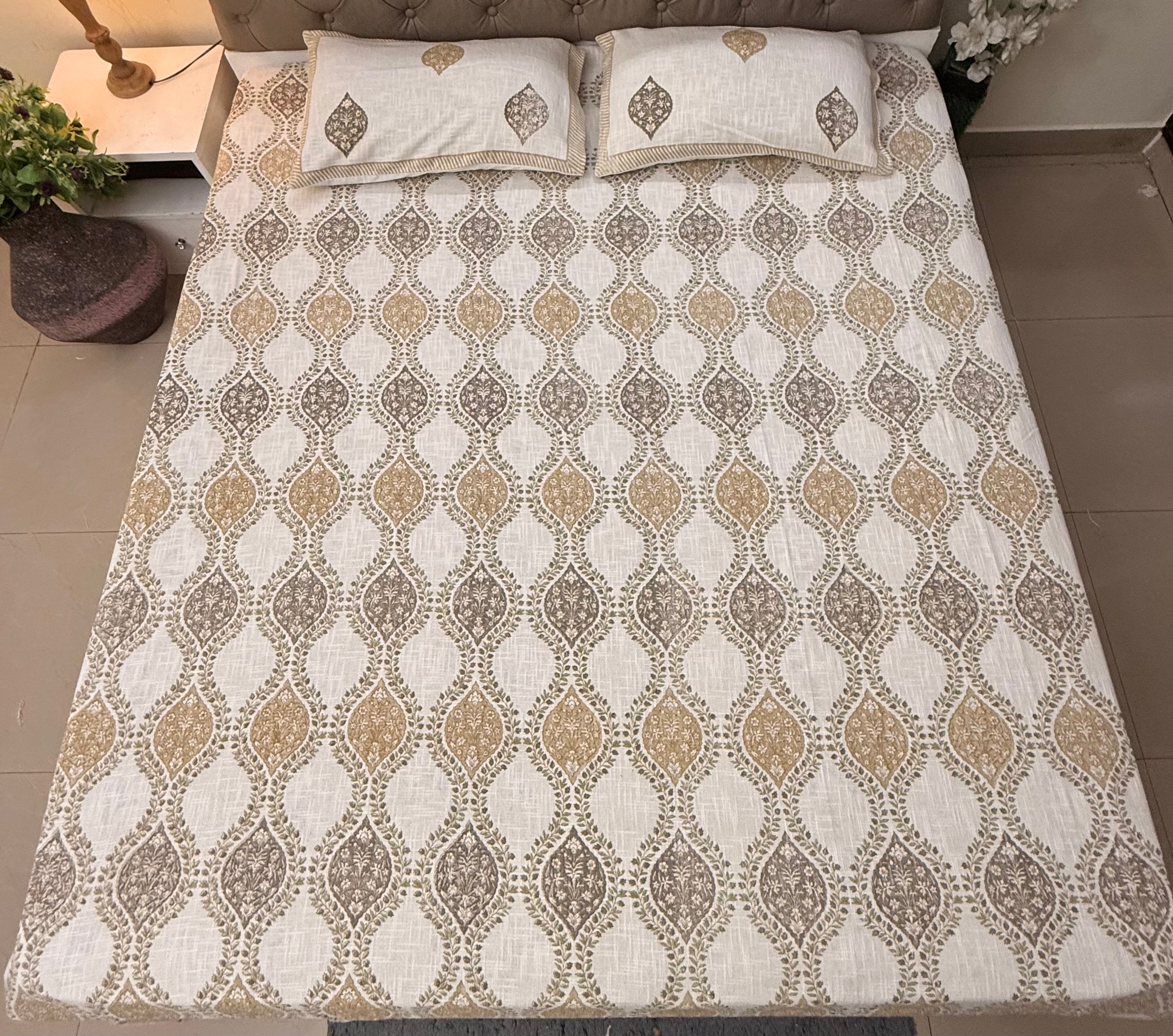 Jute cotton knitted hand block print premium bed cover Brown & Grey (Jaal print)