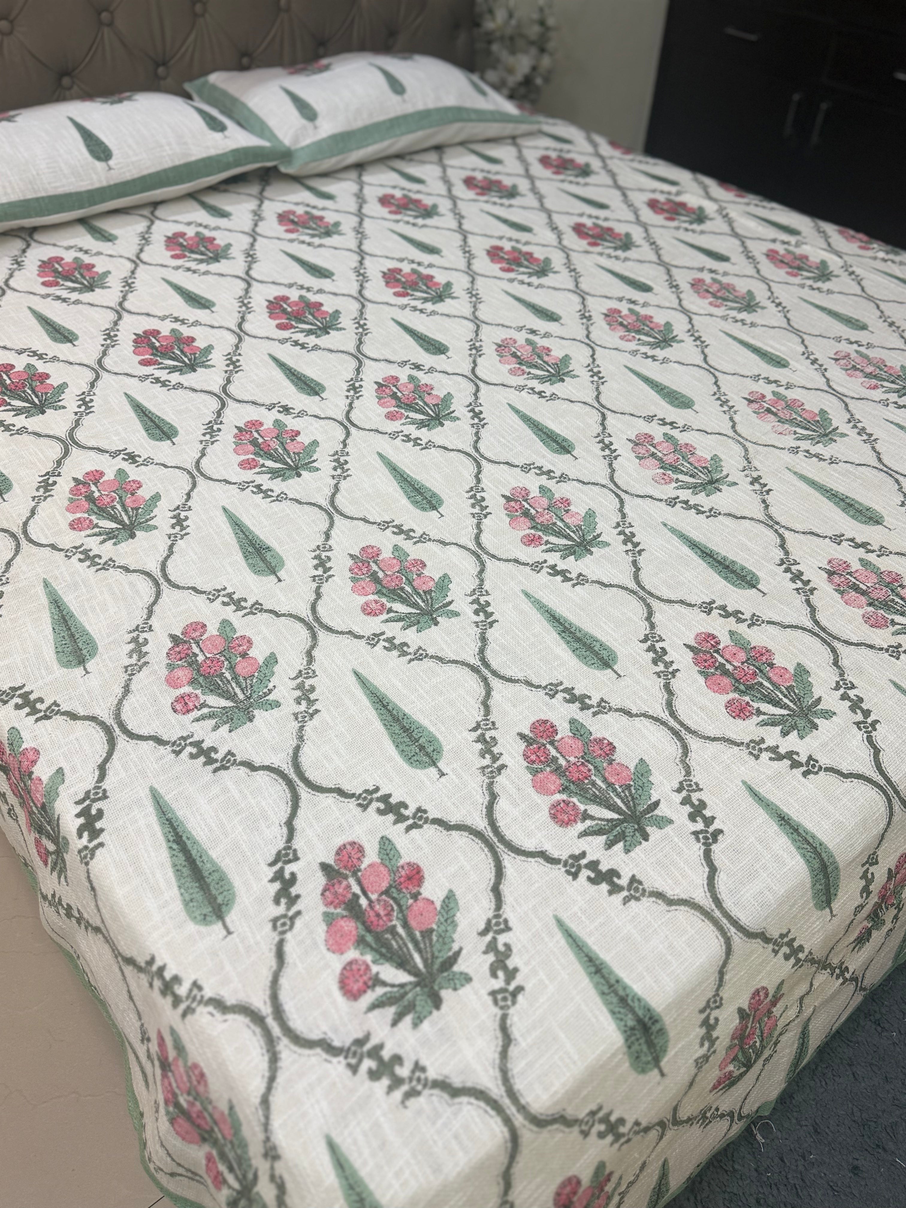 Jute cotton knitted hand block print premium bed cover Guldasta Print