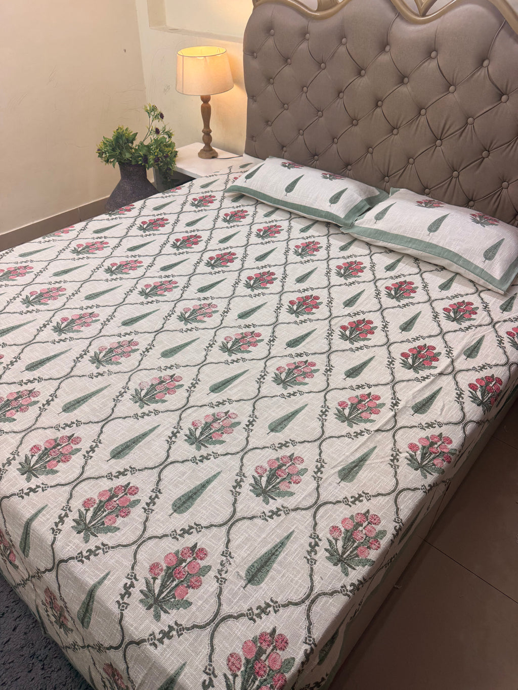 Jute cotton knitted hand block print premium bed cover Guldasta Print