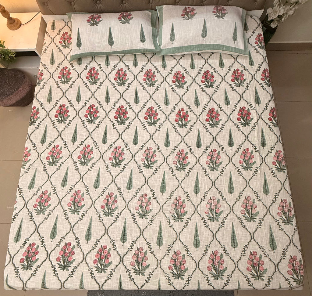 Jute cotton knitted hand block print premium bed cover Guldasta Print