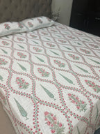 Jute cotton knitted hand block print premium bed cover (Phool patti print)