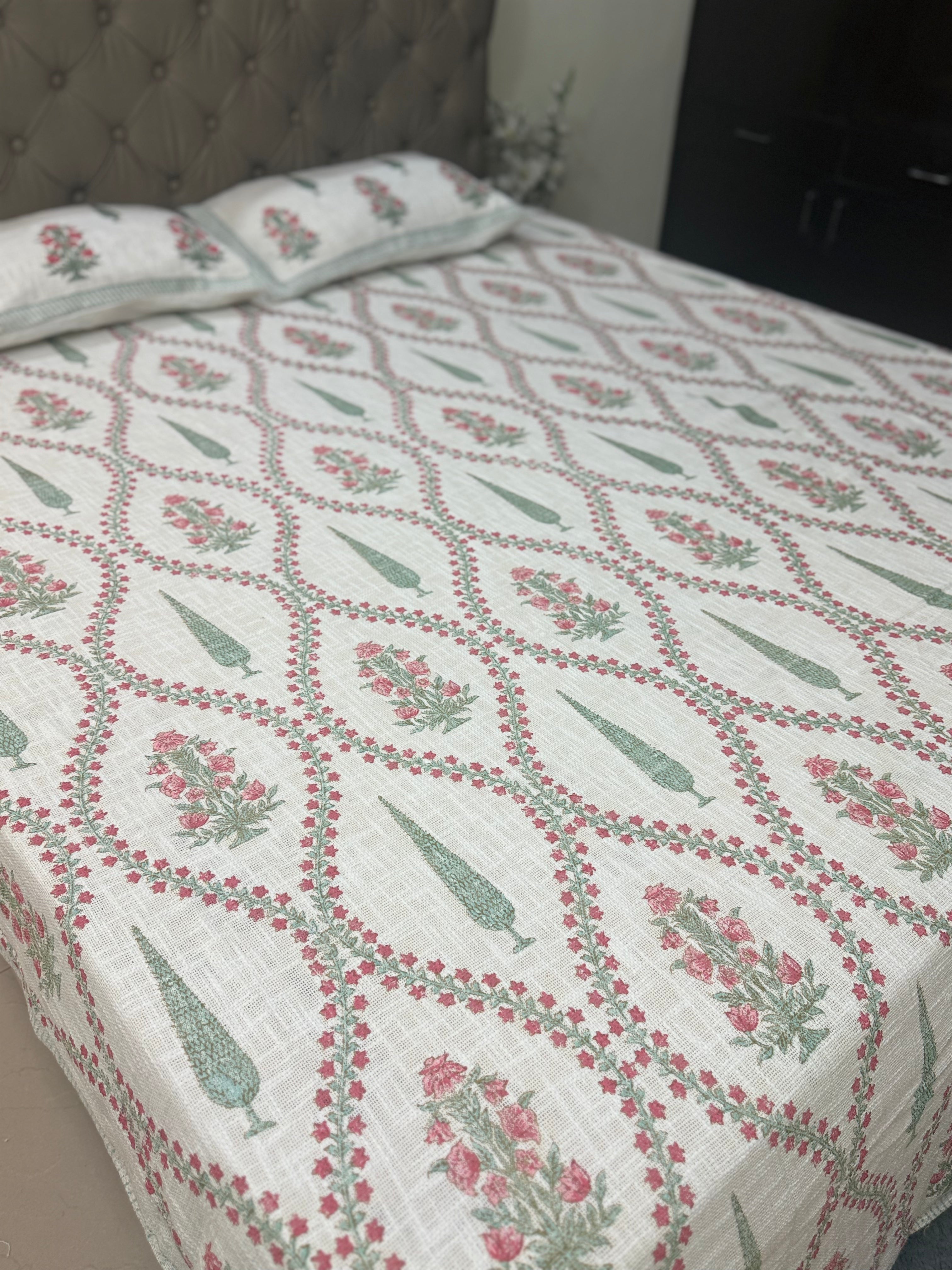 Jute cotton knitted hand block print premium bed cover (Phool patti print)