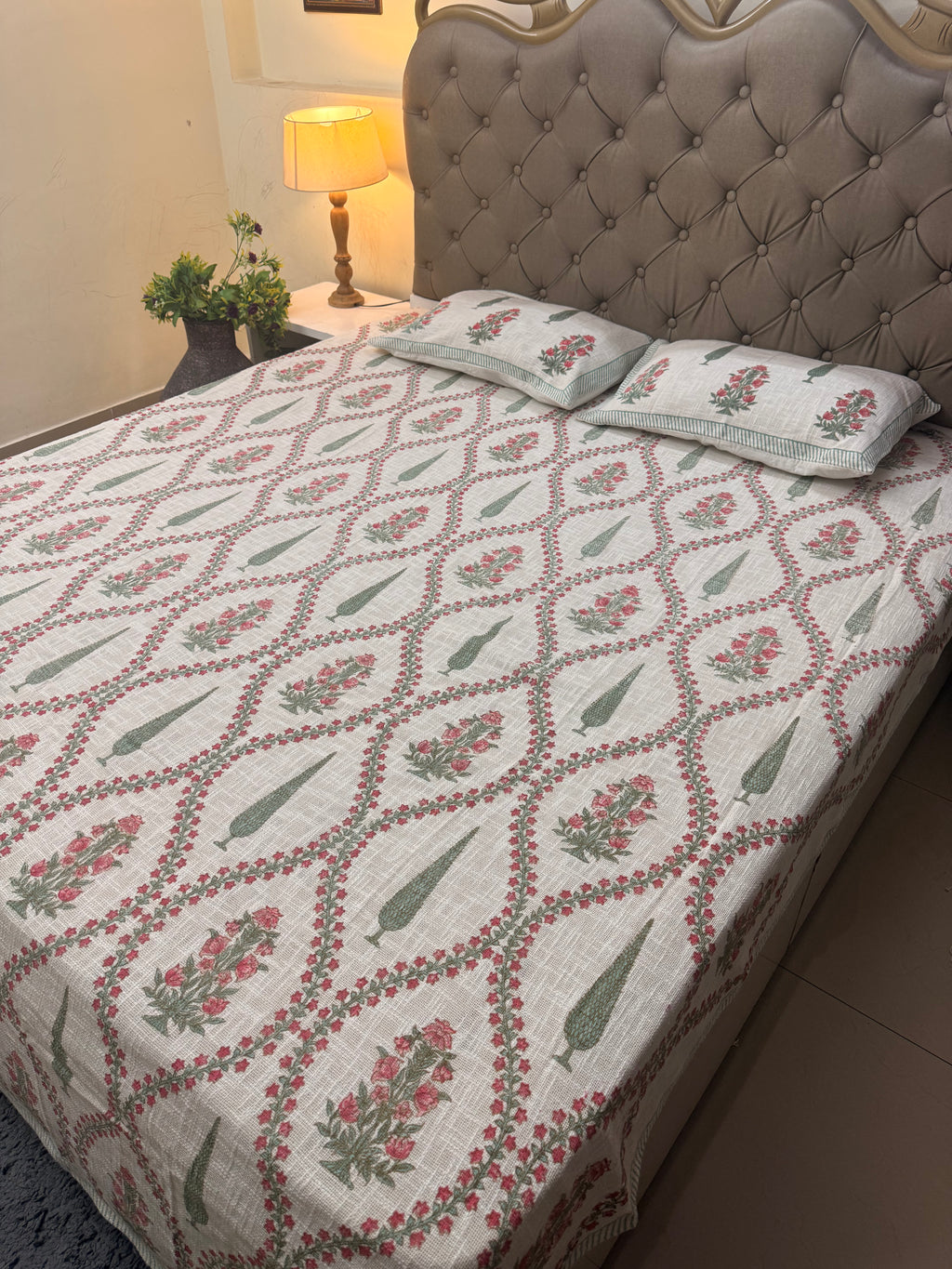 Jute cotton knitted hand block print premium bed cover (Phool patti print)