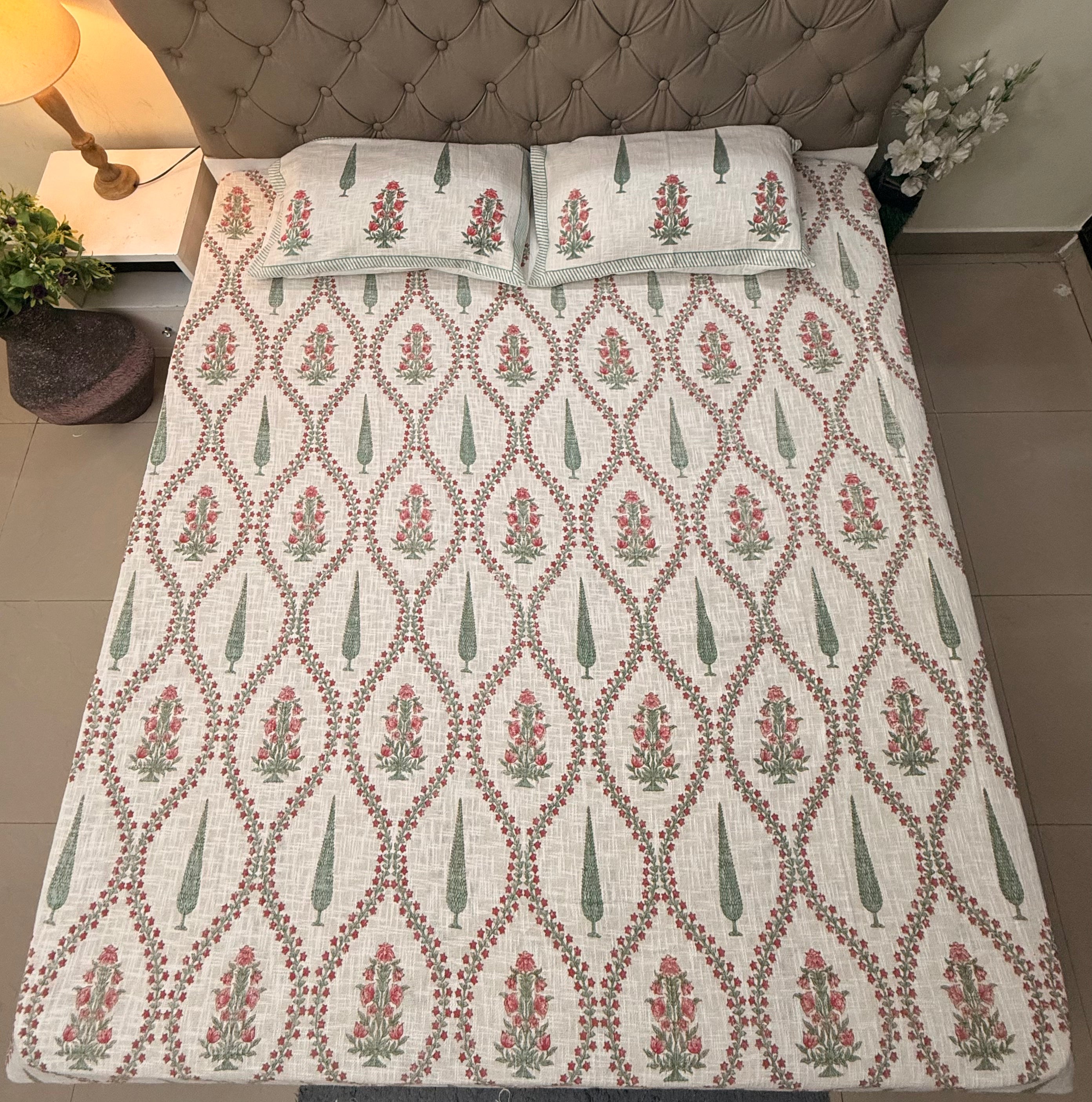 Jute cotton knitted hand block print premium bed cover (Phool patti print)