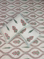 Jute cotton knitted hand block print premium bed cover (Phool patti print)