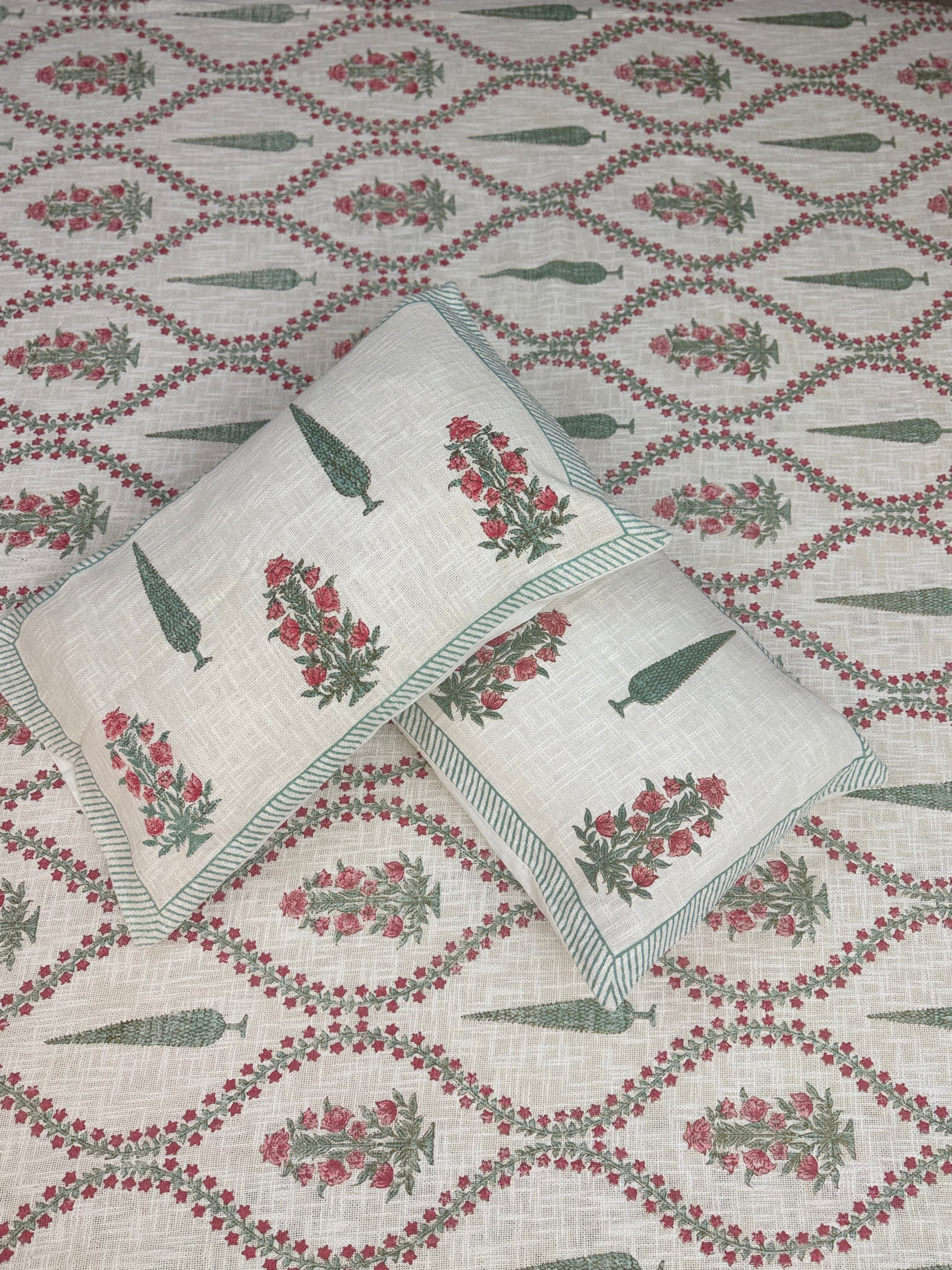 Jute cotton knitted hand block print premium bed cover (Phool patti print)