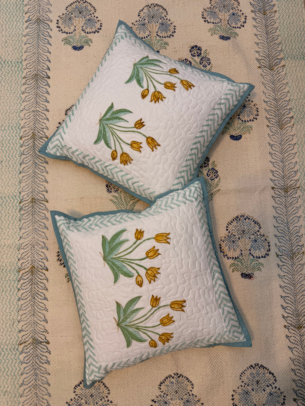 Authentic Hand Block Quilted Cushion Covers Lily Print (16×16 inch - Set of 2)