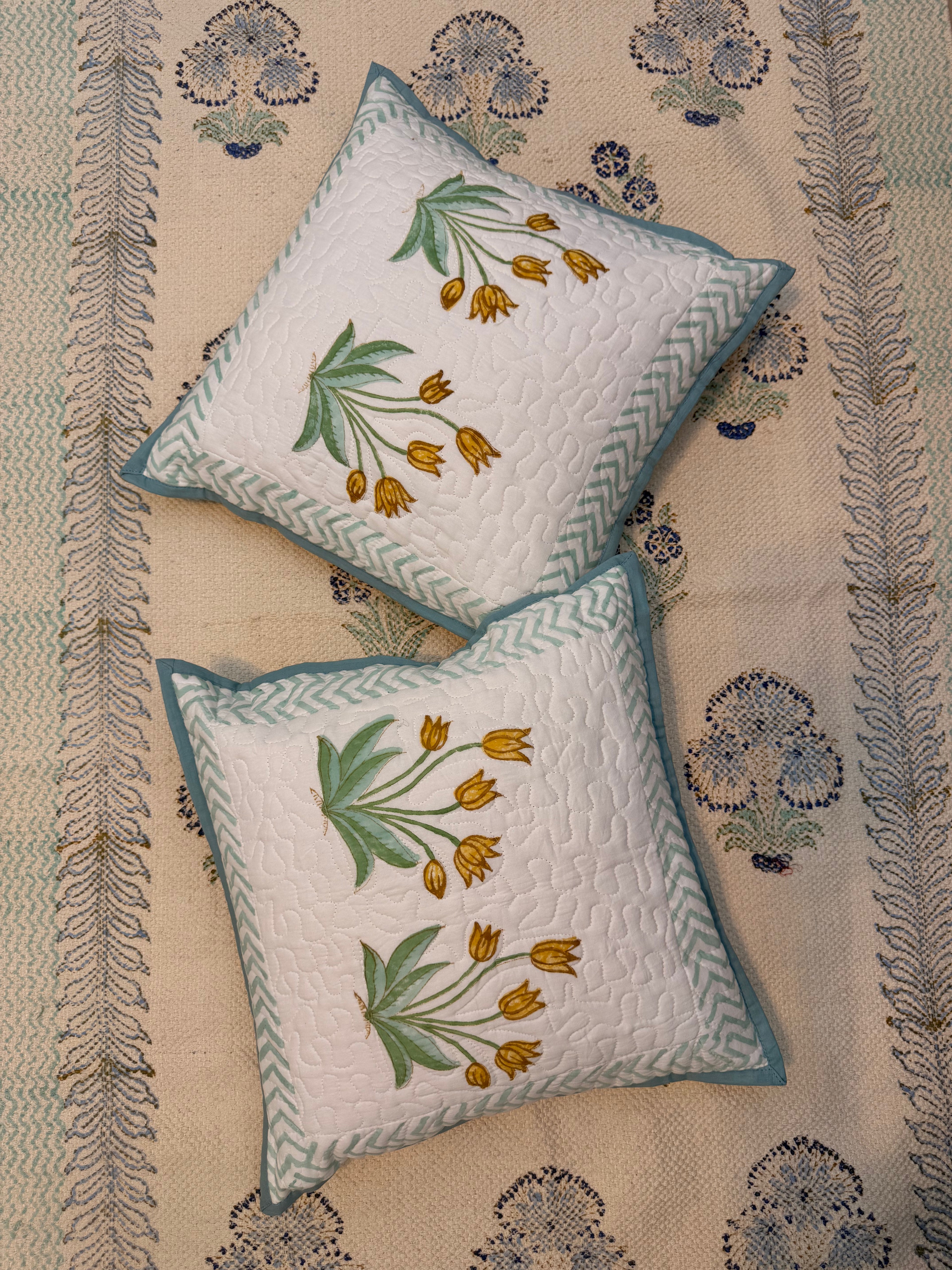 Authentic Hand Block Quilted Cushion Covers Lily Print (16×16 inch - Set of 2)